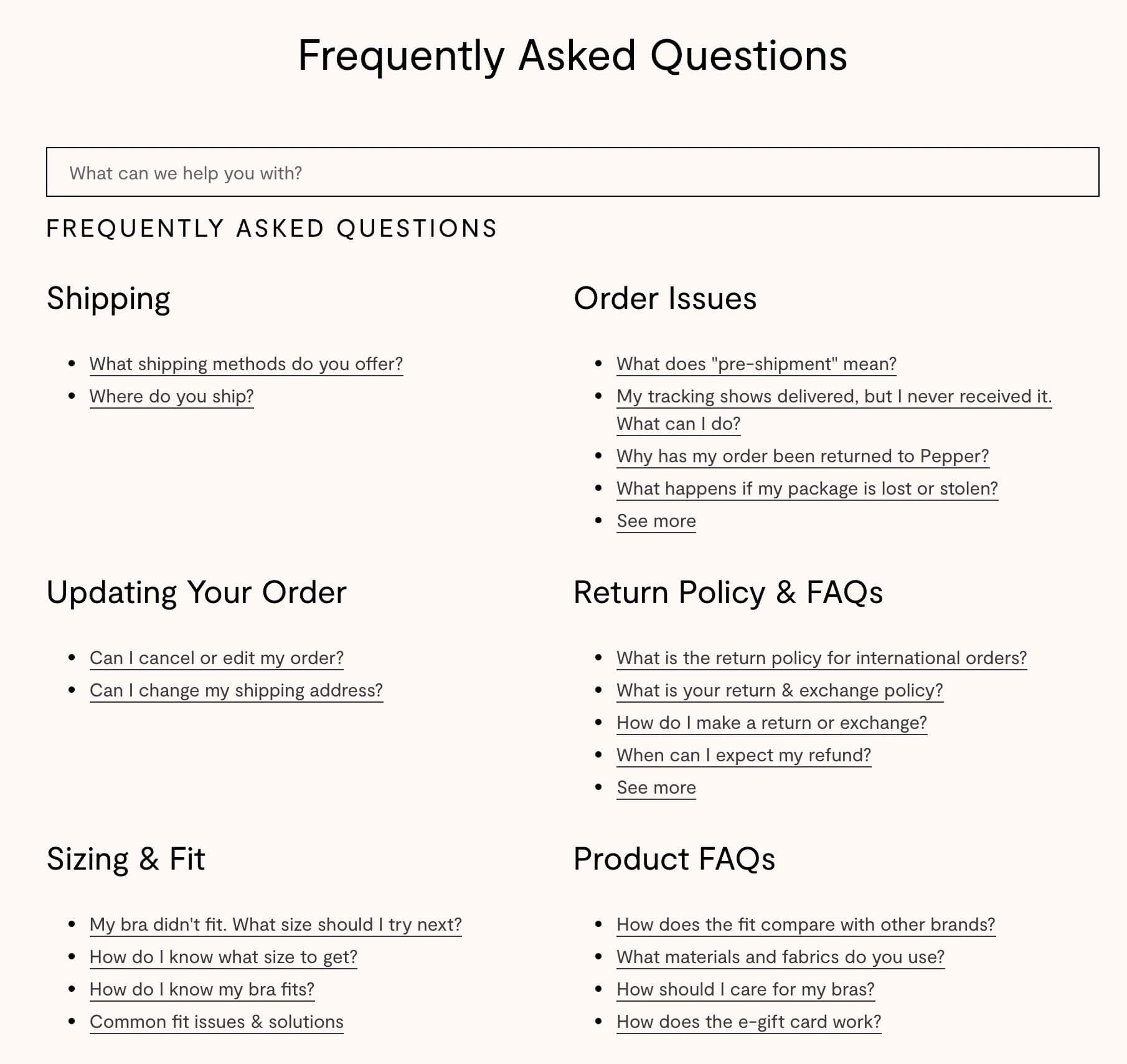 Customer support FAQ page with sections on shipping, orders, returns, and products
