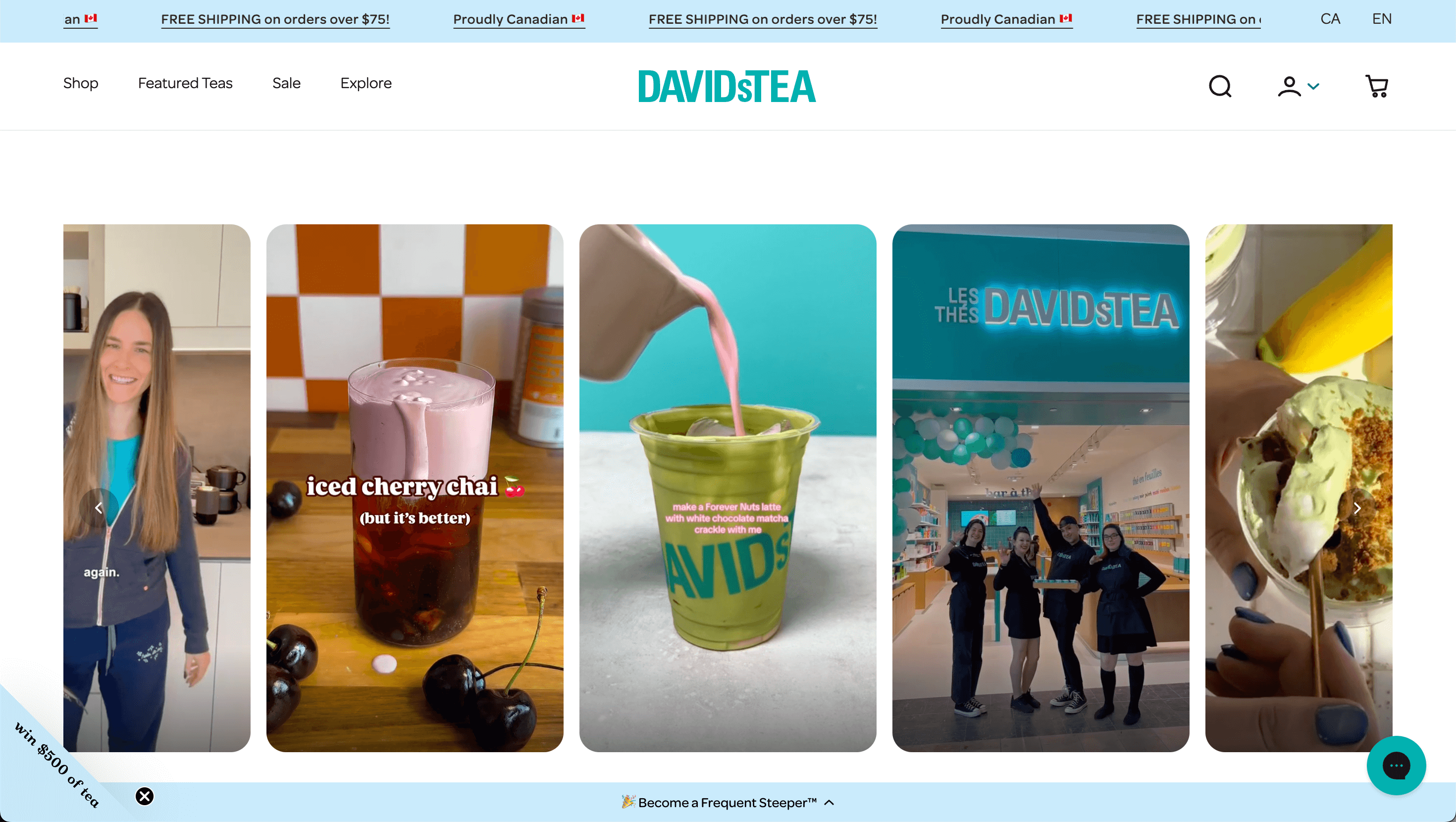 DAVIDsTEA carousel showcasing beverages, store, and team