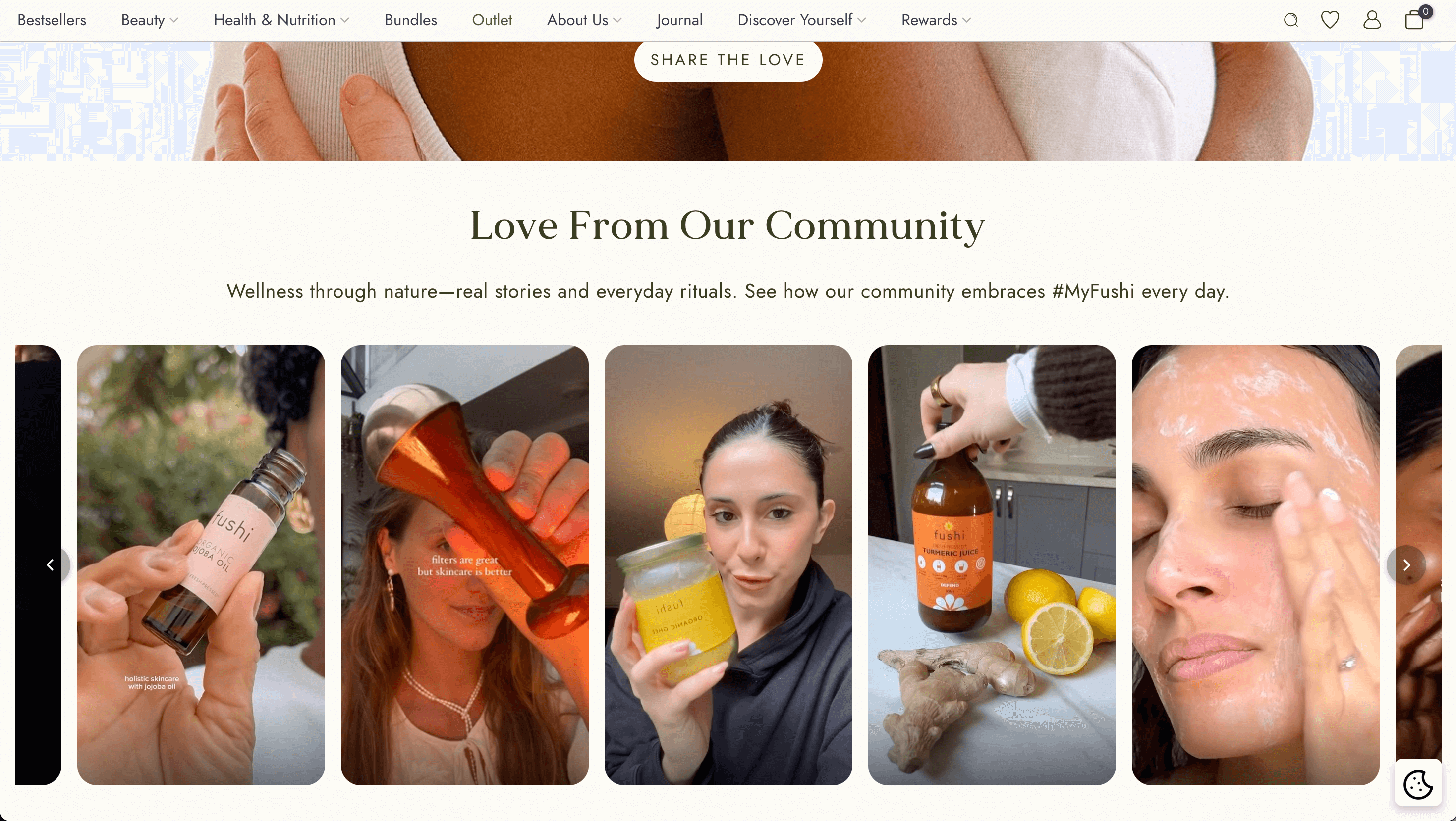 Fushi wellness product community showcasing natural skincare and lifestyle images