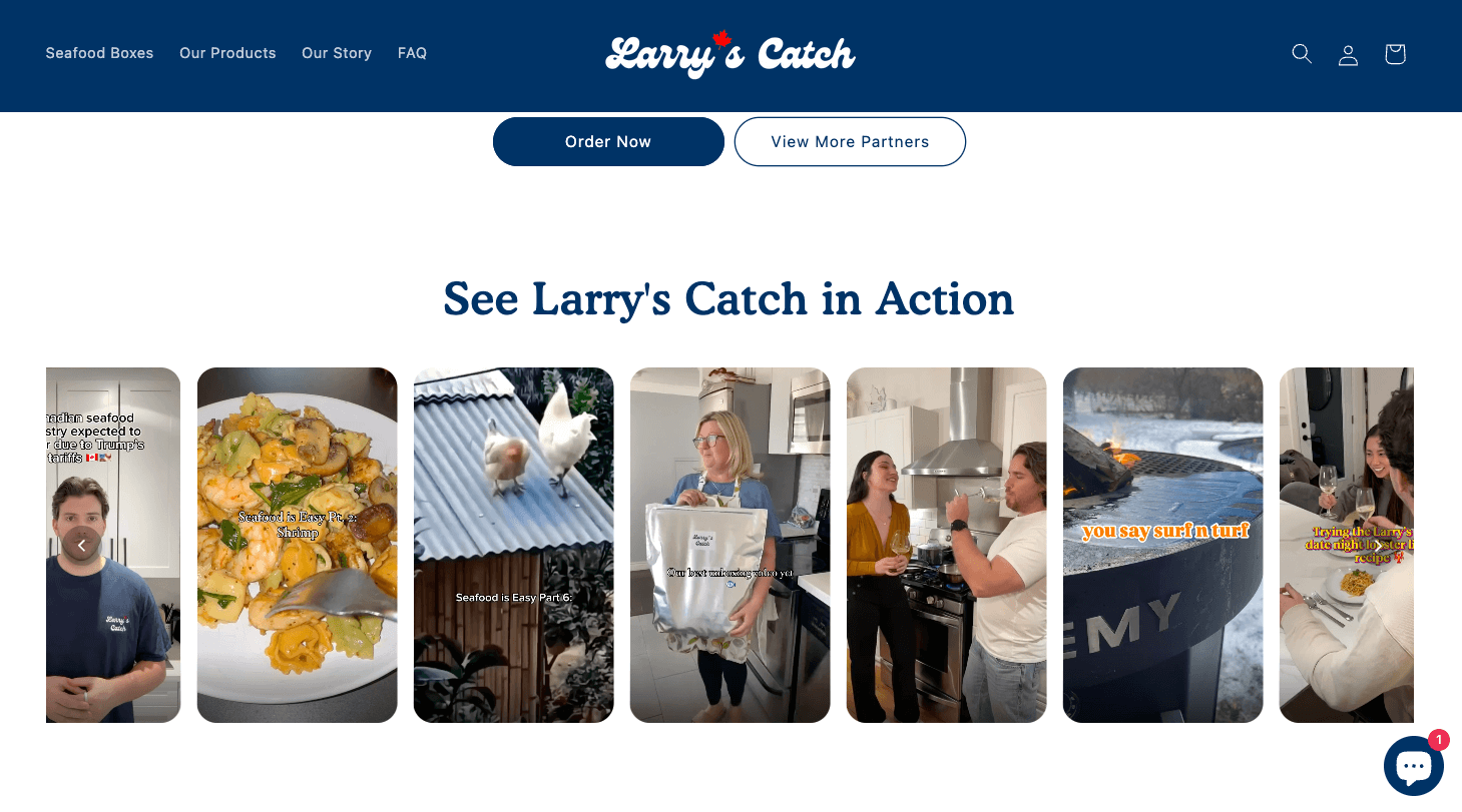 Larry's Catch seafood website showcasing cooking, lifestyle, and product images