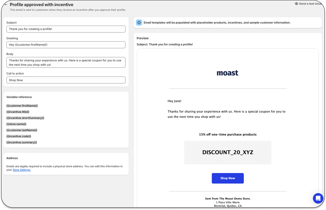 Moast email template for profile approval with discount coupon