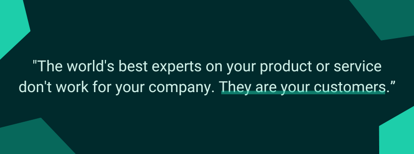 Quote about customer expertise on teal and dark green geometric background