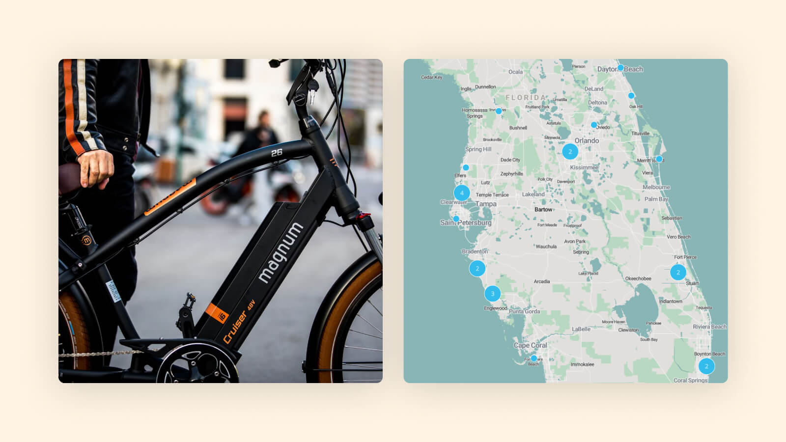 Black Magnum e-bike with Florida map showing multiple location markers