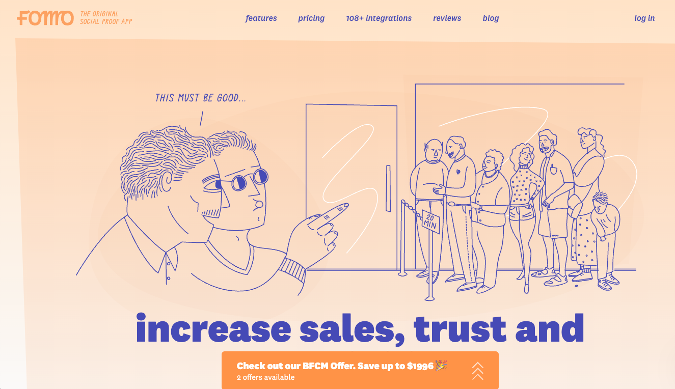 Marketing illustration showing people in line, focusing on sales and trust