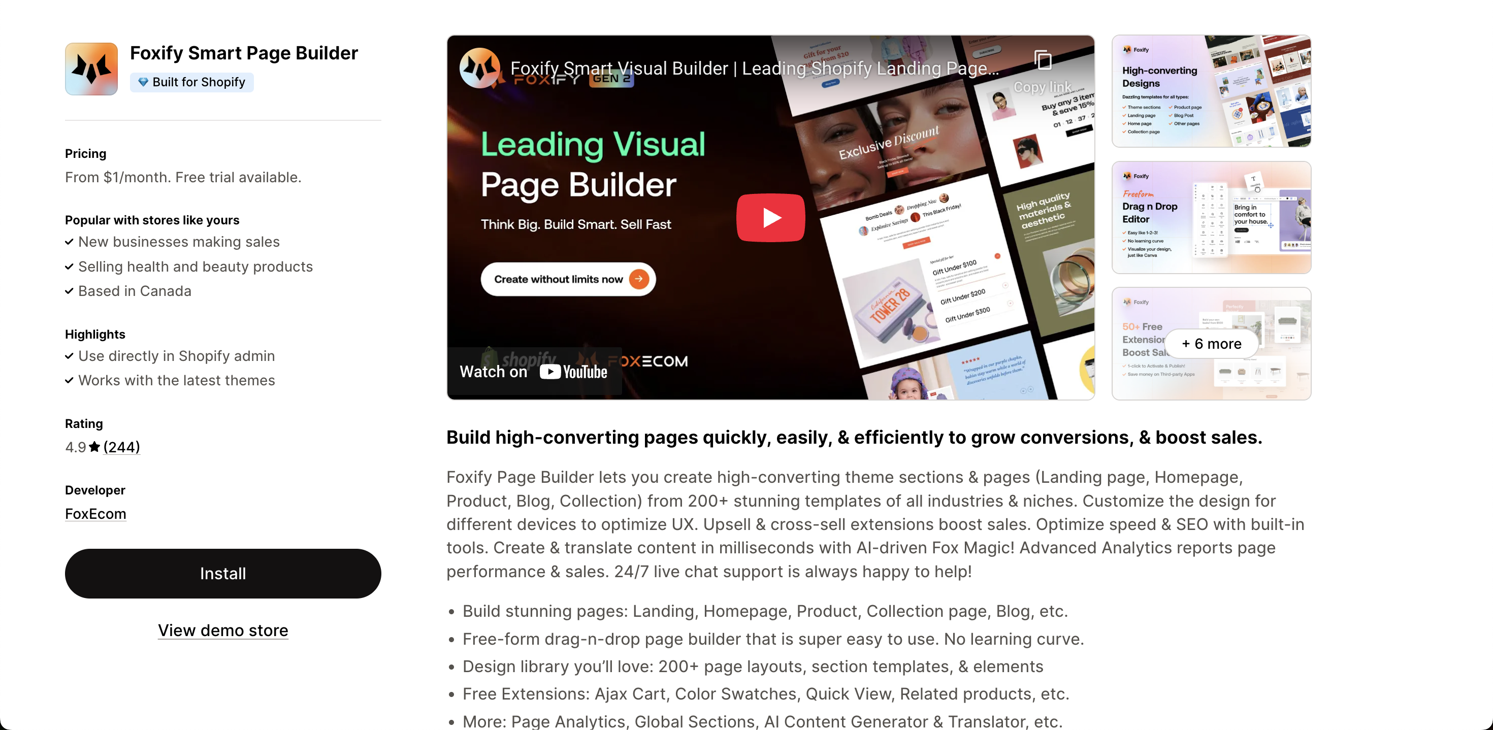 Foxify Smart Page Builder interface showcasing Shopify landing page design tools