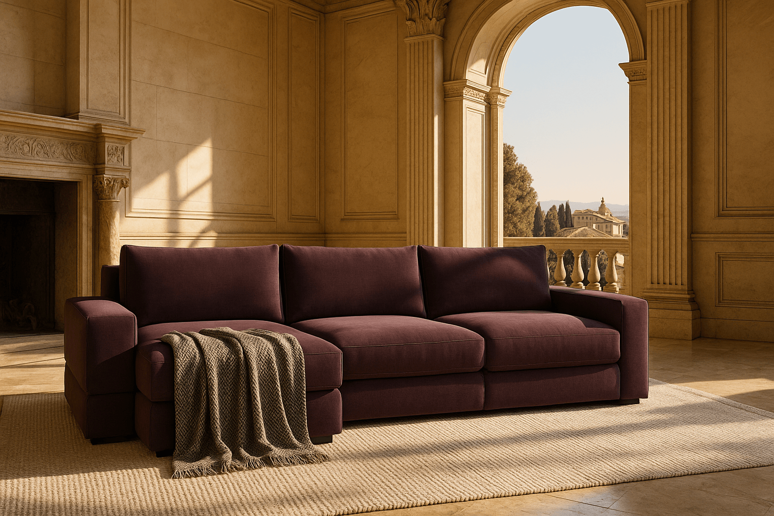 Burgundy sectional sofa with throw blanket in ornate classical interior