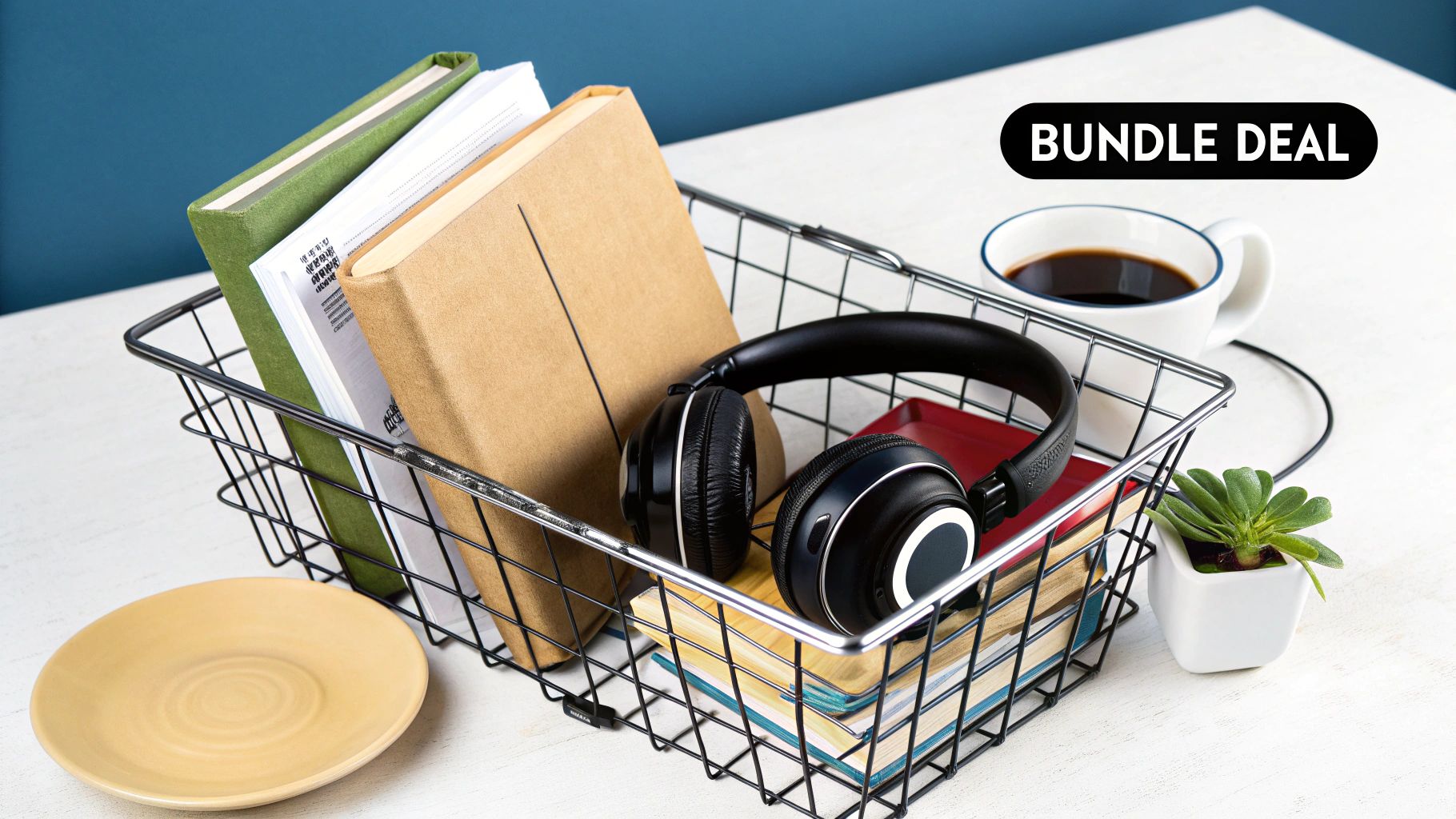 Books, headphones, coffee, and plant in a wire basket with bundle deal tag