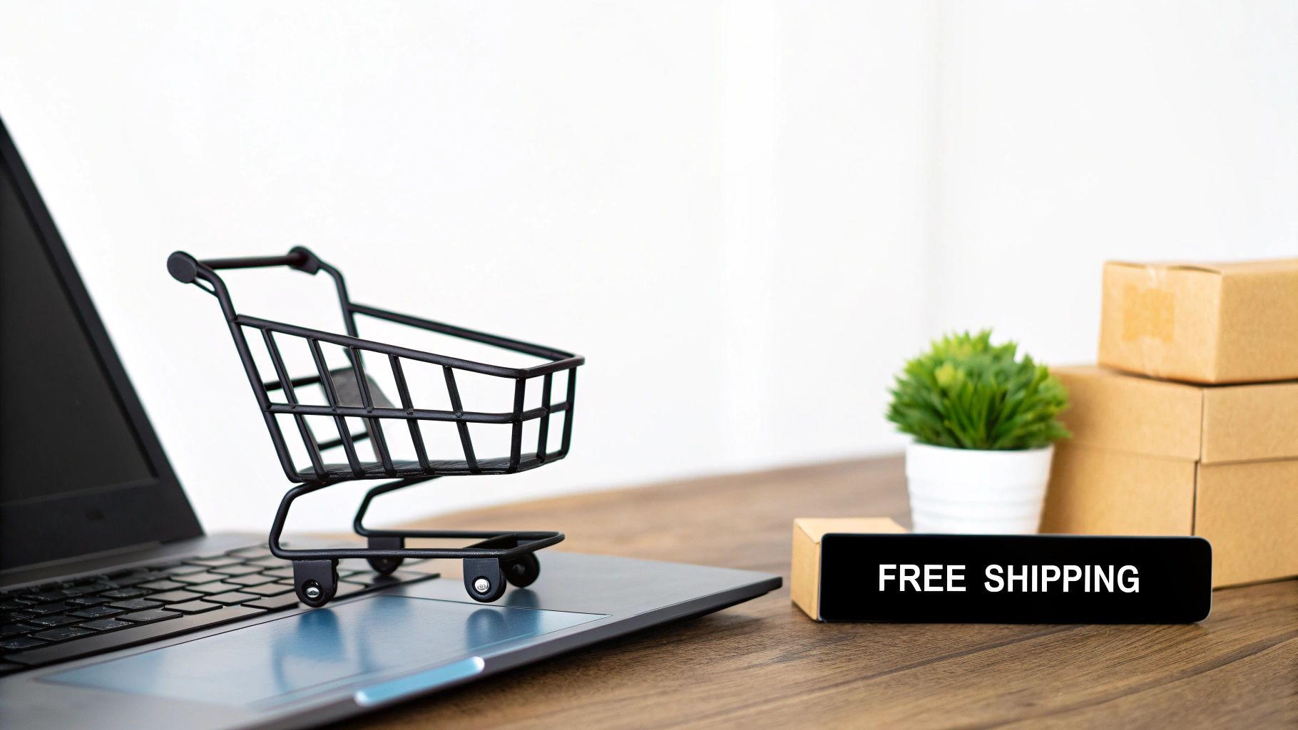 Small shopping cart on laptop with free shipping and cardboard boxes