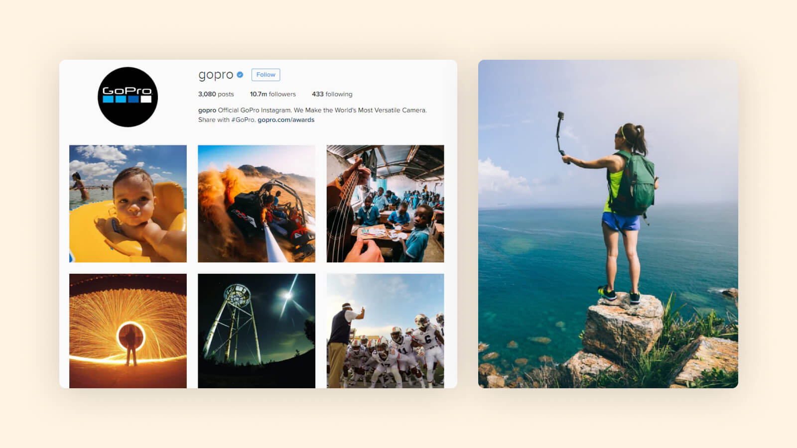 Hiker taking photo with GoPro on rocky cliff overlooking turquoise ocean