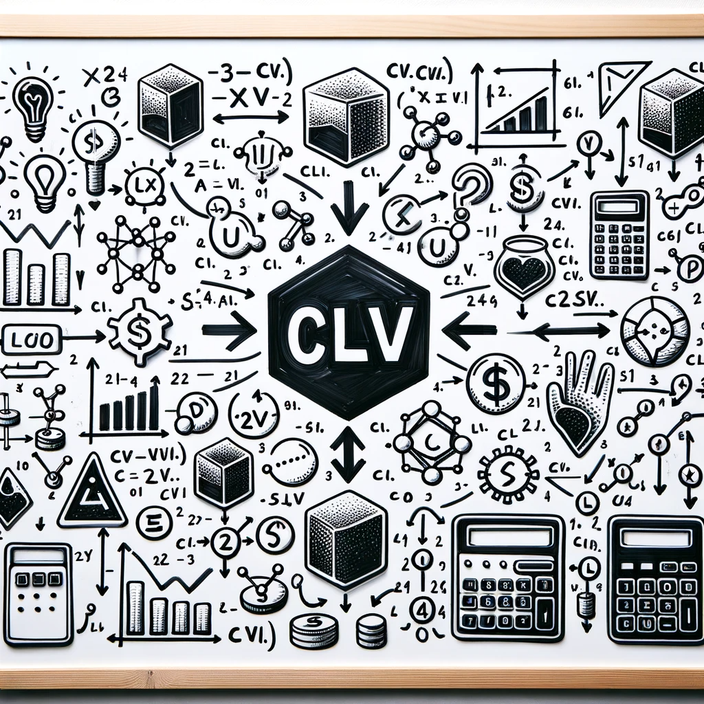 Complex diagram illustrating Customer Lifetime Value (CLV) with calculations