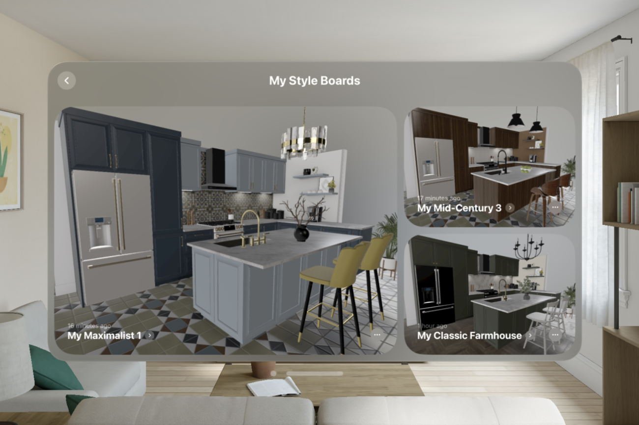 Digital interface showing multiple kitchen design styles with central kitchen view