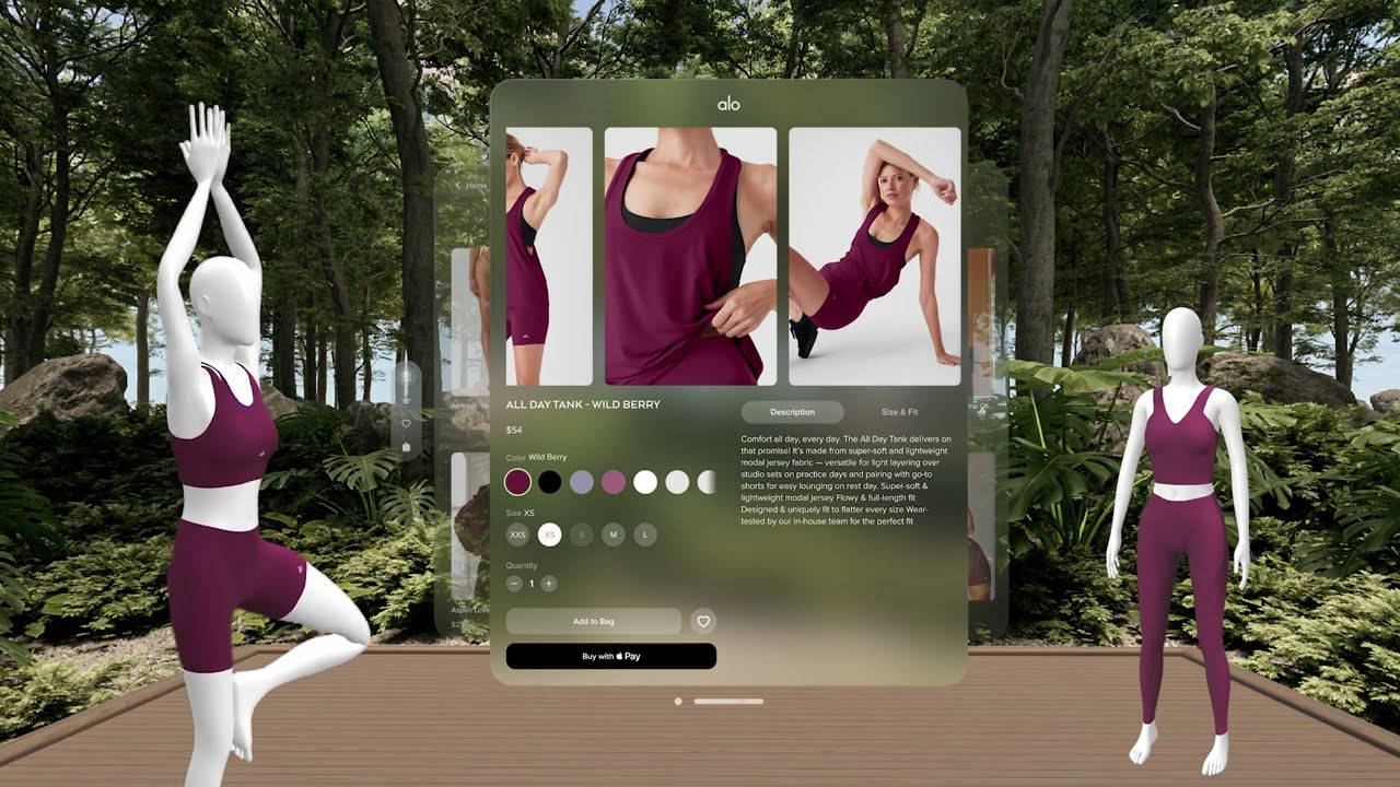 Alo Wild Berry tank top product page with mannequins in forest setting