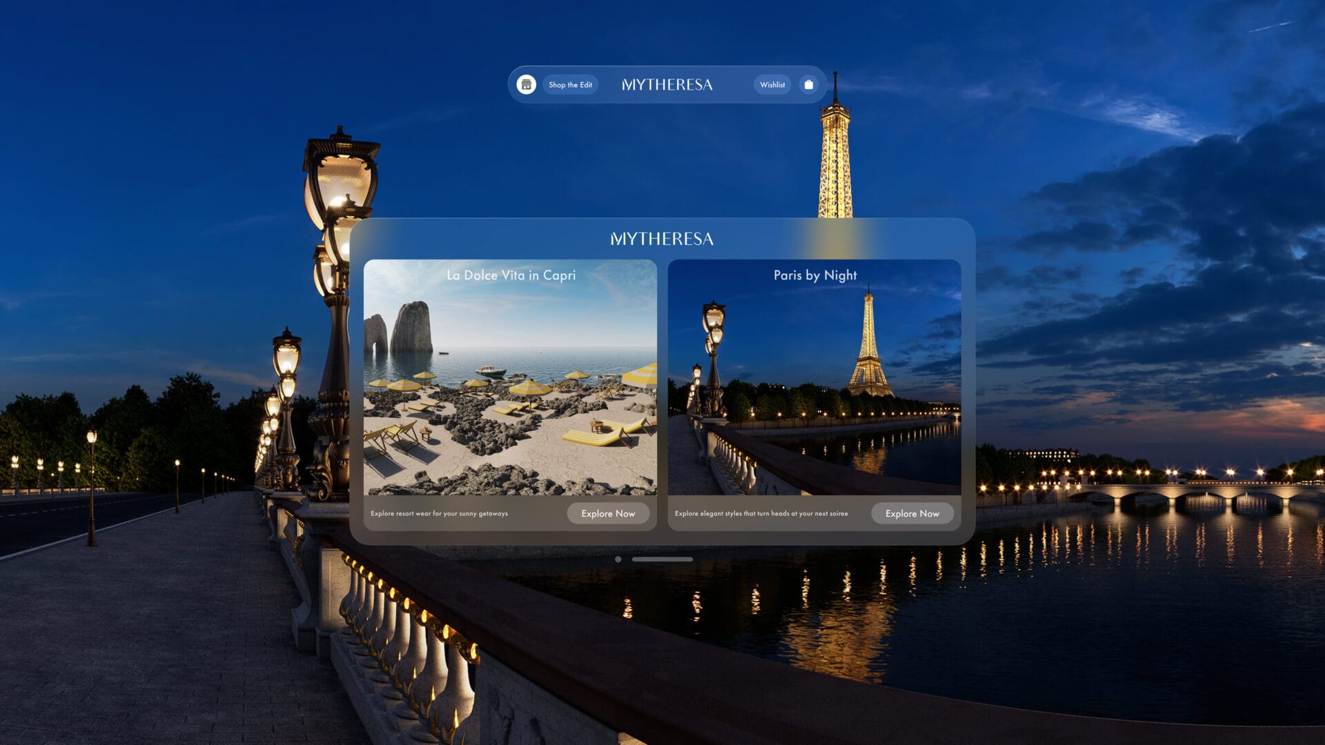 Mytheresa website showcasing travel destinations with Eiffel Tower at night