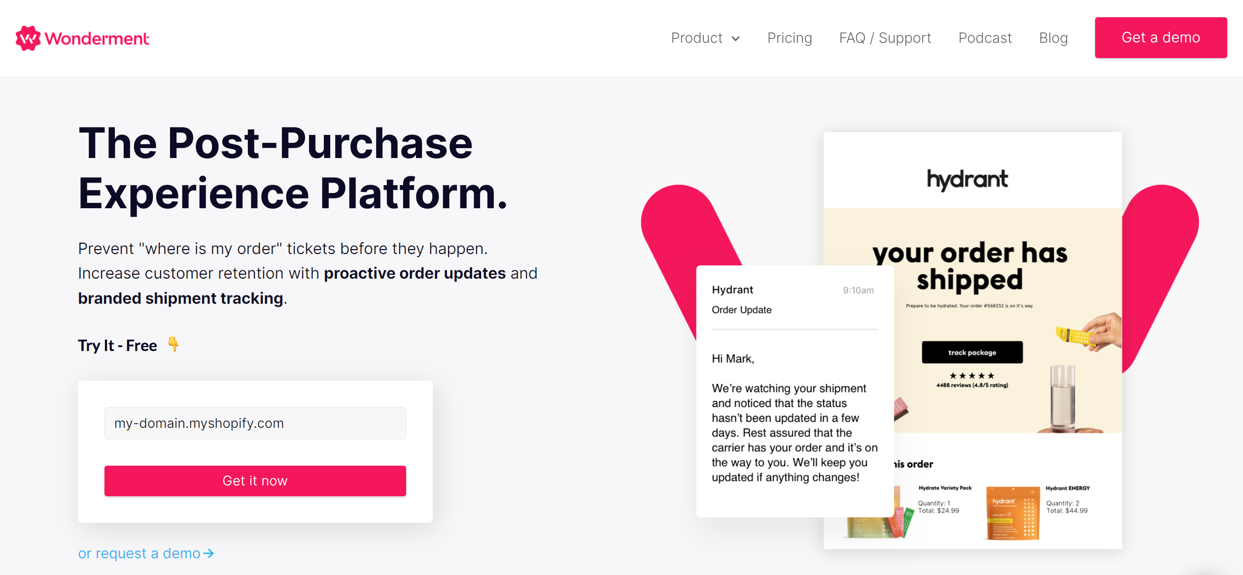 Wonderment post-purchase platform showing order tracking and shipment updates