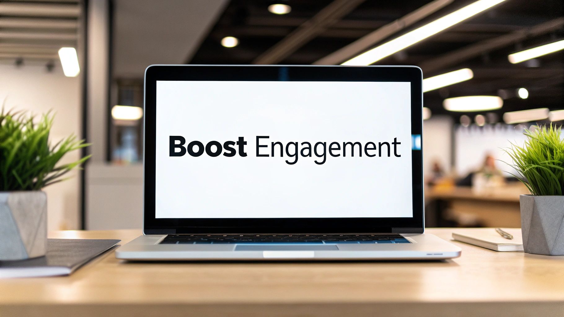 Laptop displaying "Boost Engagement" text in modern office workspace