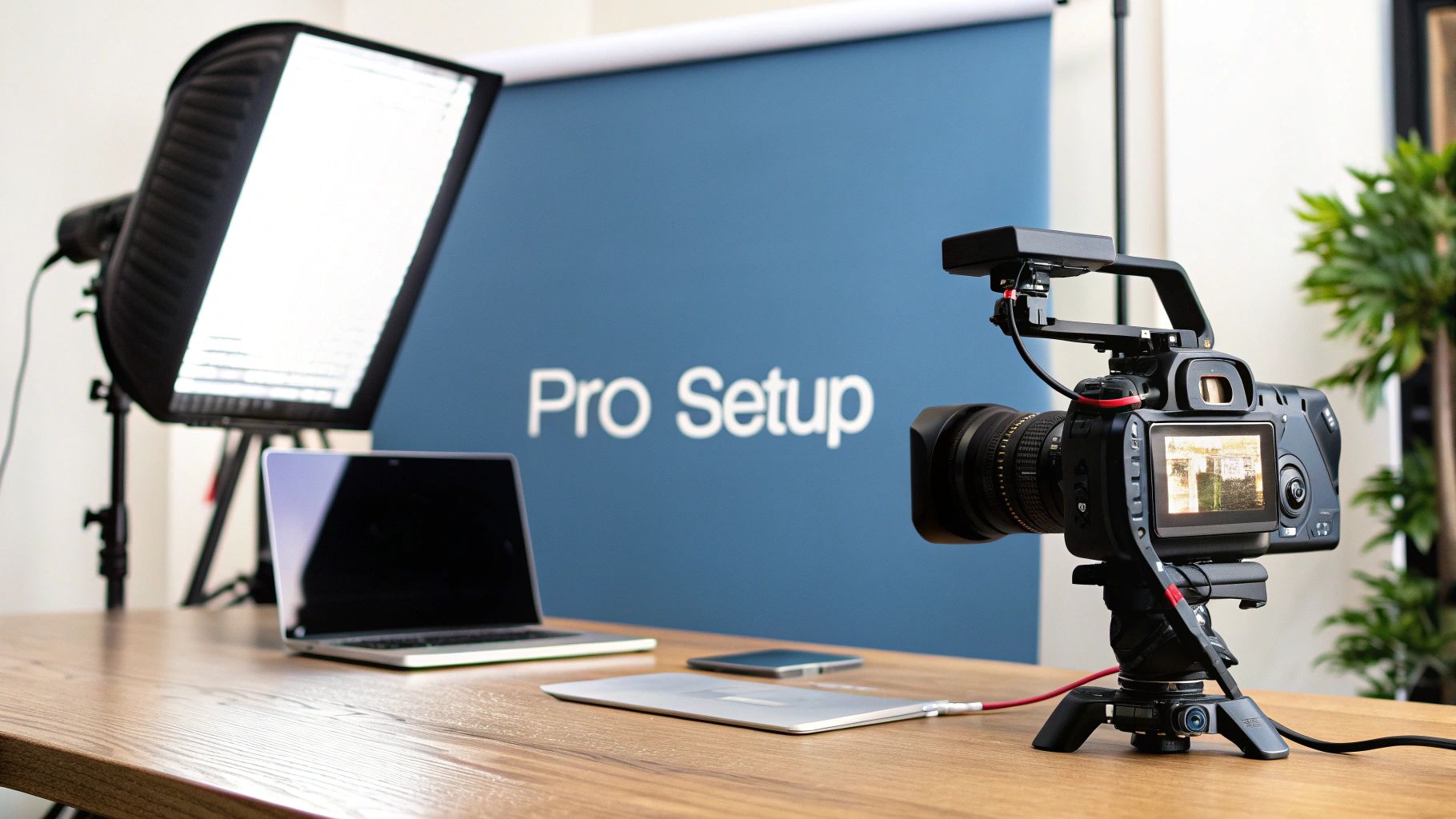 Professional video production setup with camera, softbox, and blue backdrop