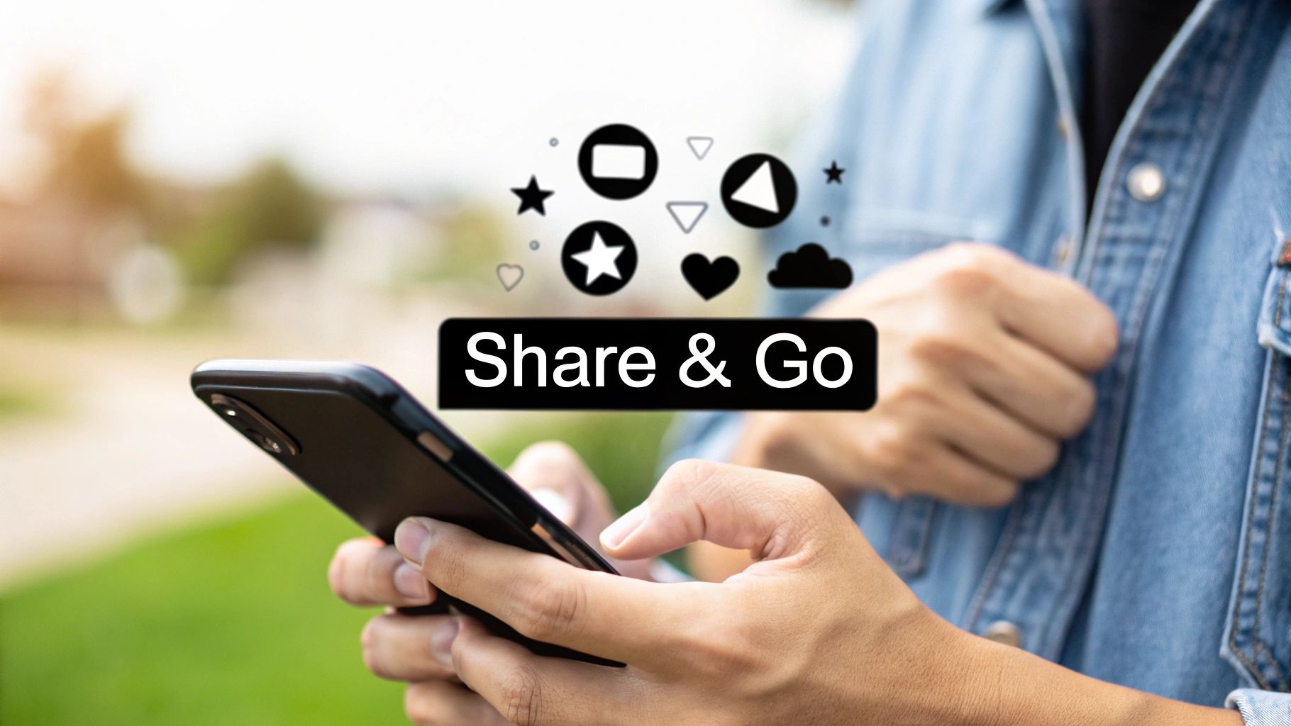 Person using smartphone with Share & Go social media sharing interface