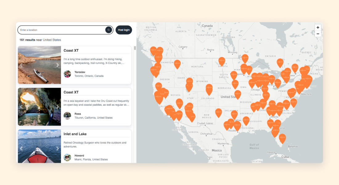 Map showing orange location pins of Coast XT kayaking enthusiasts across US
