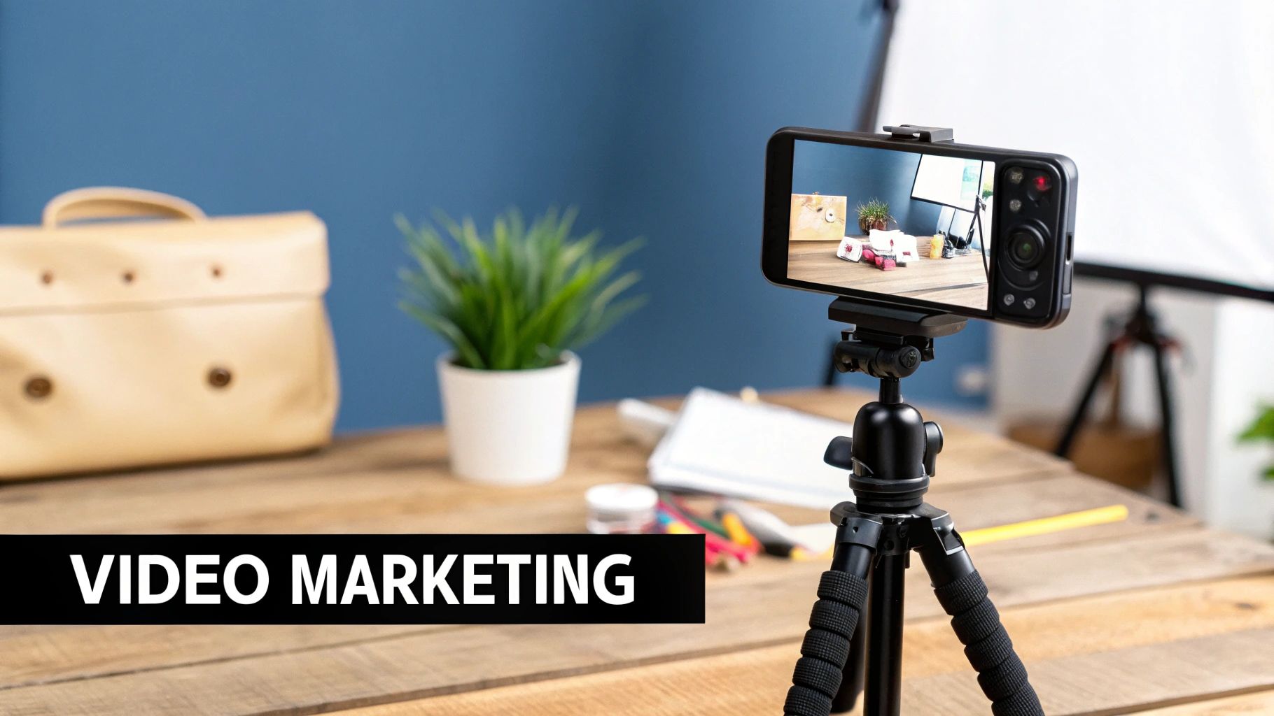 Smartphone on tripod with video marketing workspace setup