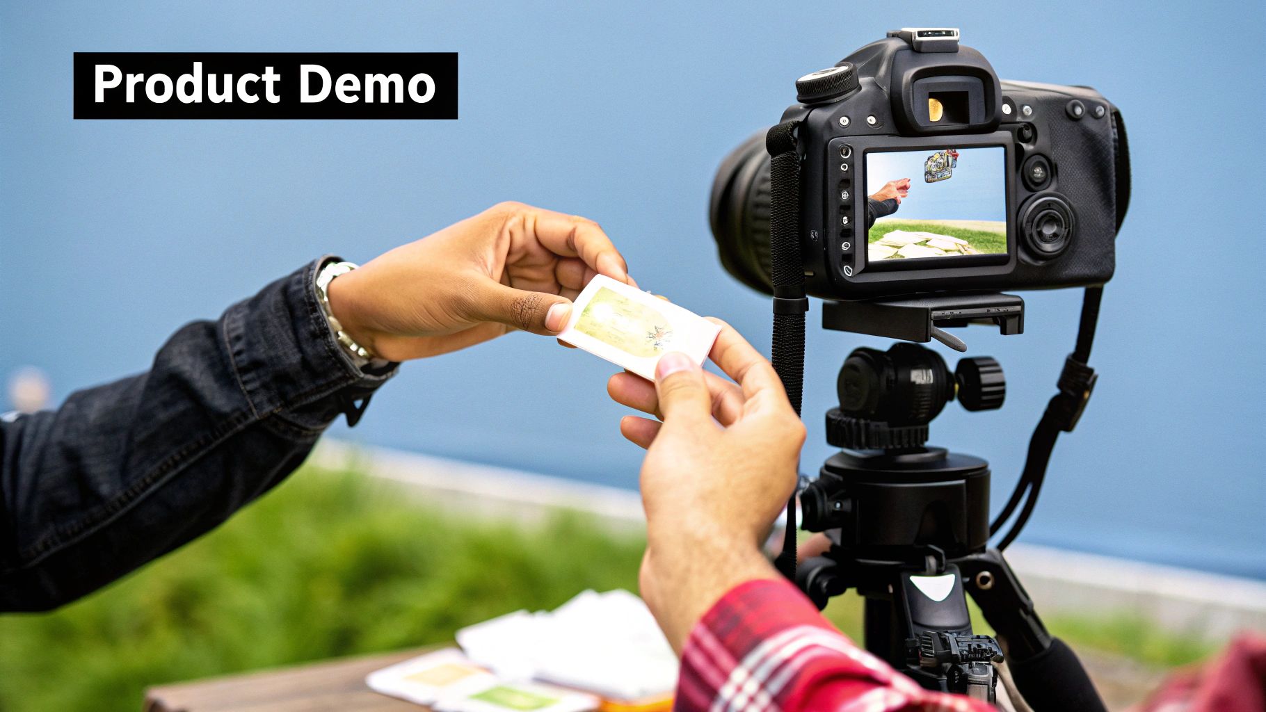 Camera capturing product demonstration with hands holding small item