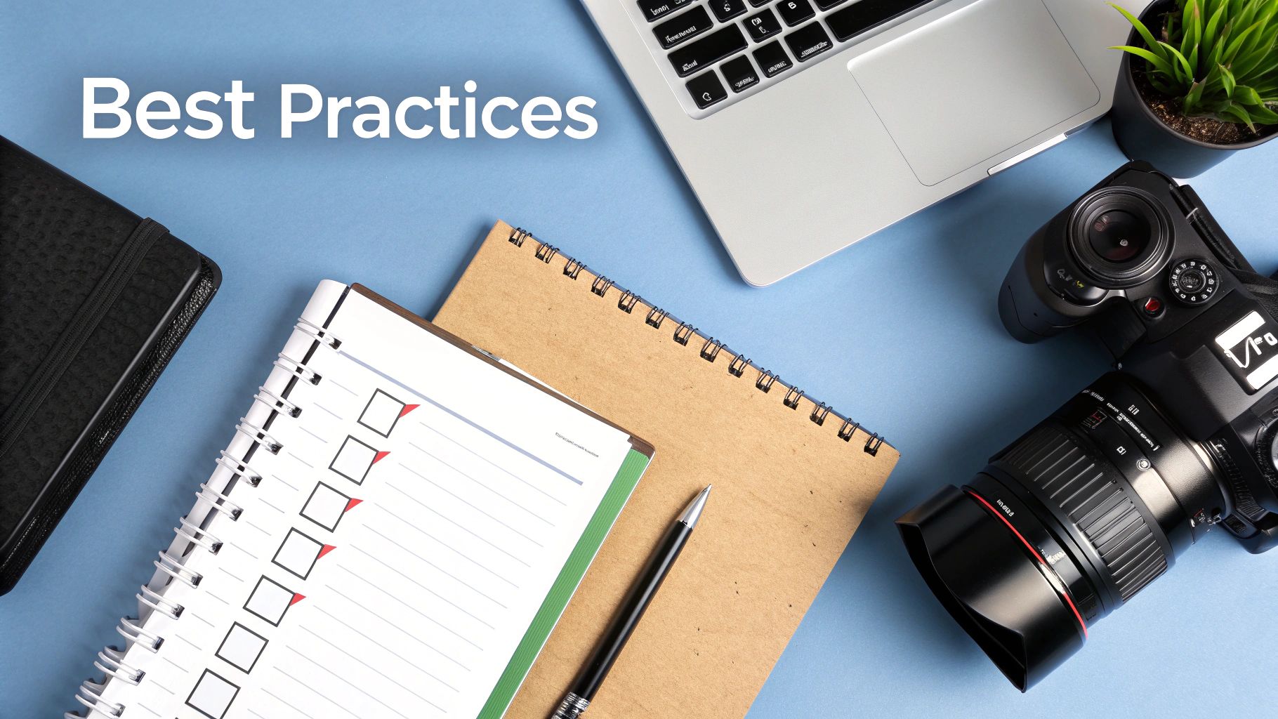 Workspace with checklist, laptop, camera, and notebooks on blue background