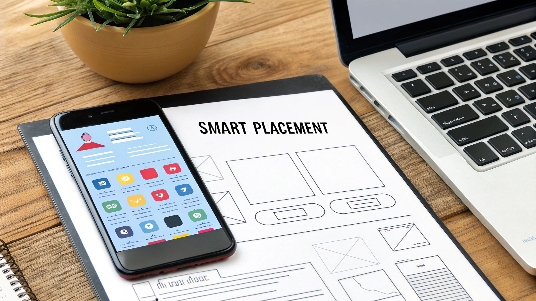 Smartphone with app icons, wireframe sketch, and laptop on wooden desk