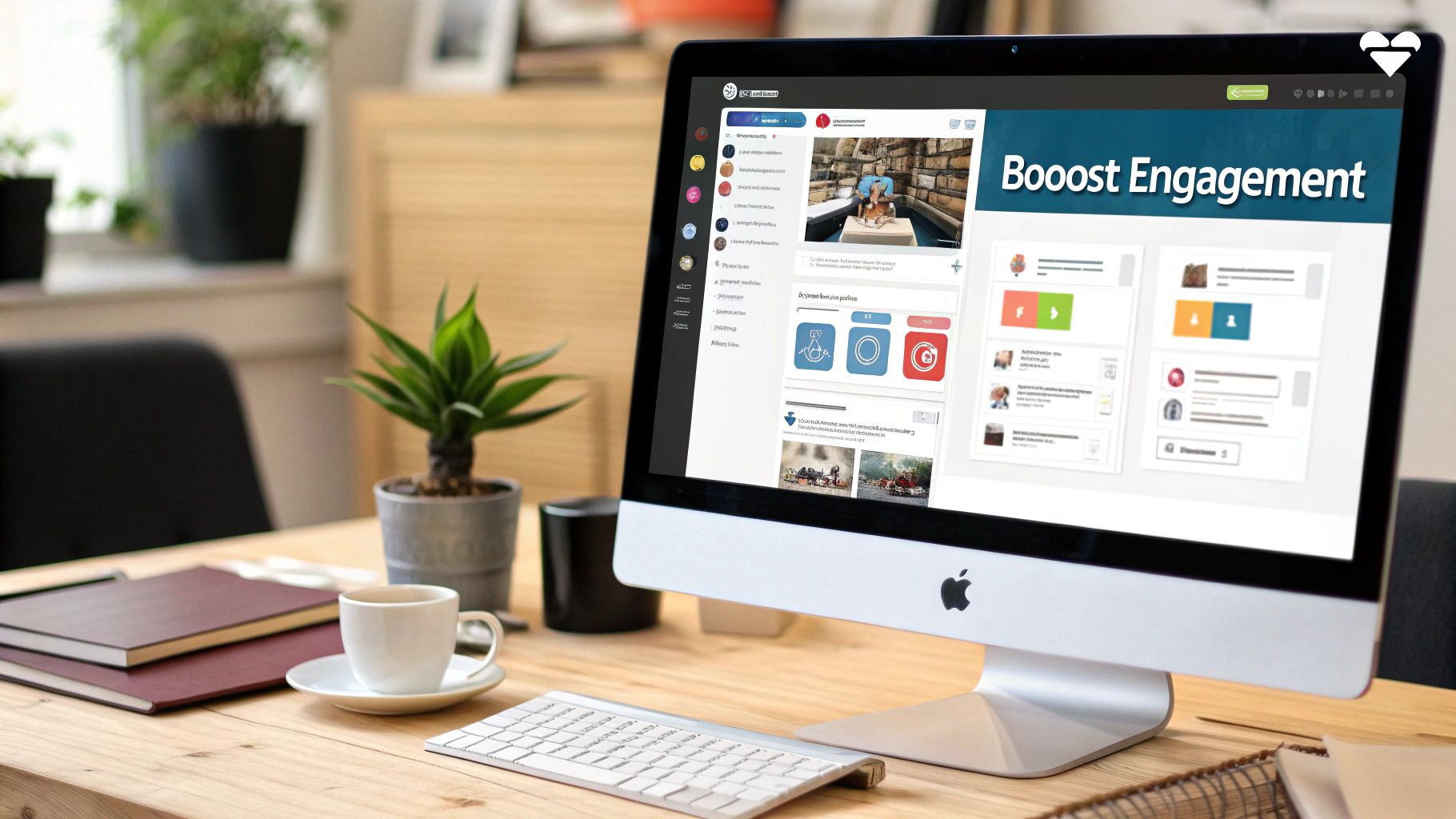 iMac desktop showing social media engagement platform with coffee and plants