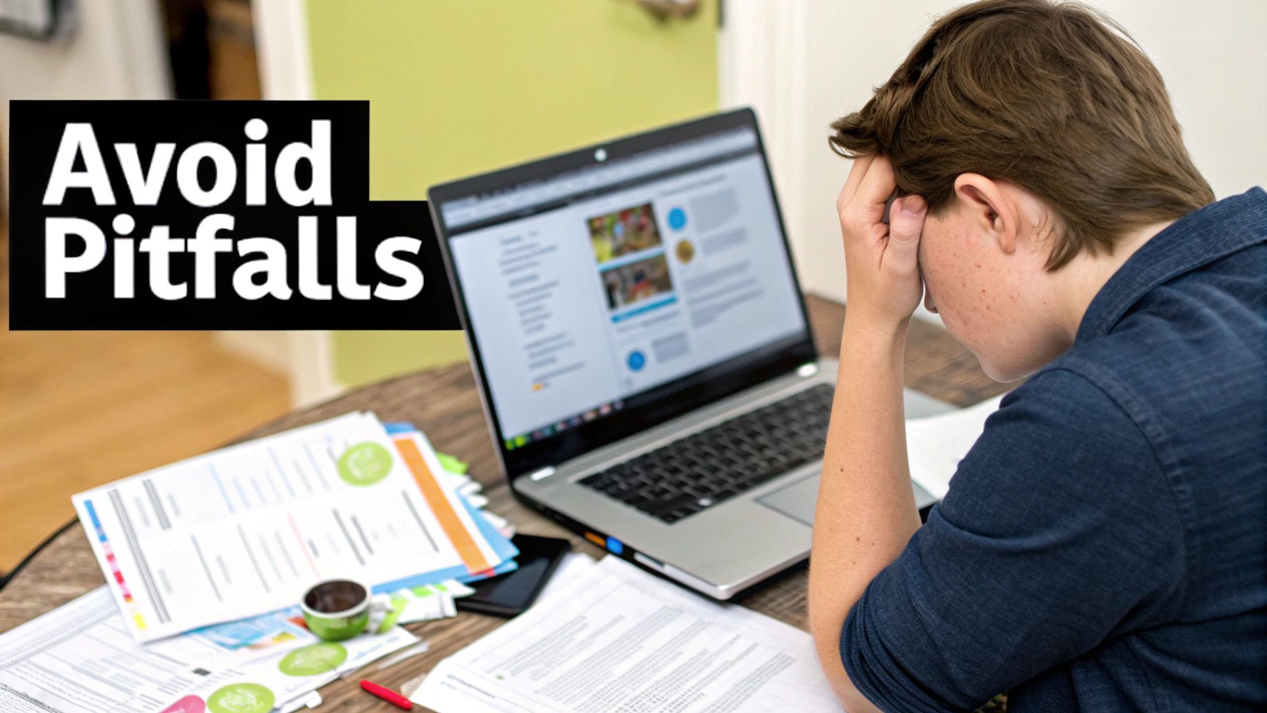 Frustrated person working on laptop with "Avoid Pitfalls" text overlay