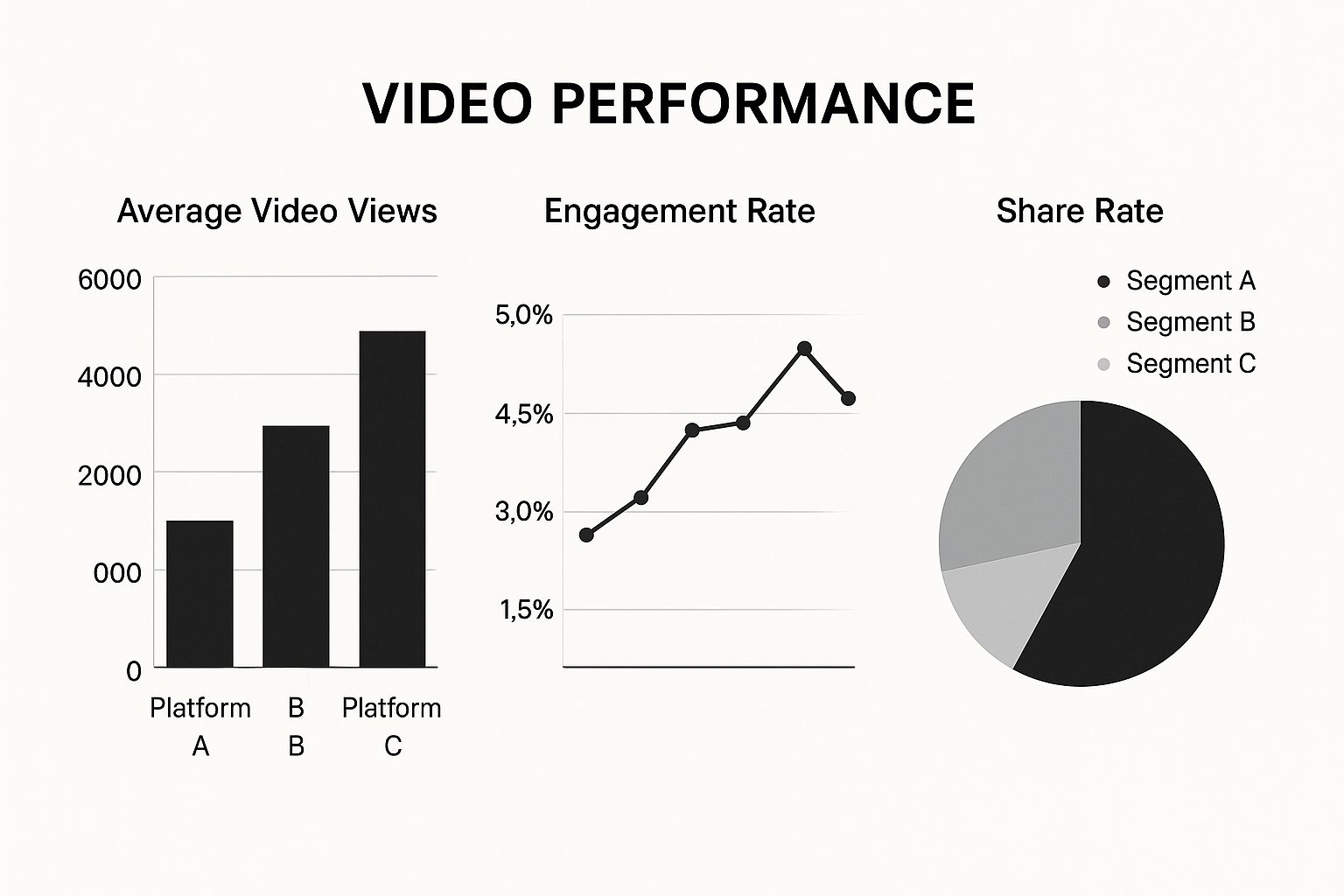 Video performance metrics comparing views, engagement, and share rates across platforms