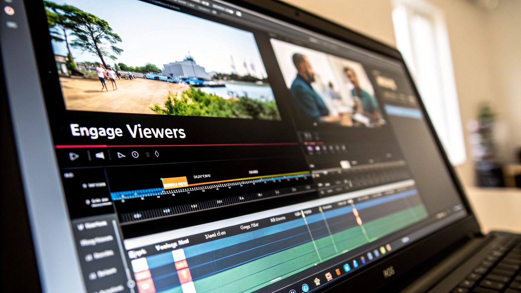 Video editing software timeline with 'Engage Viewers' text on screen