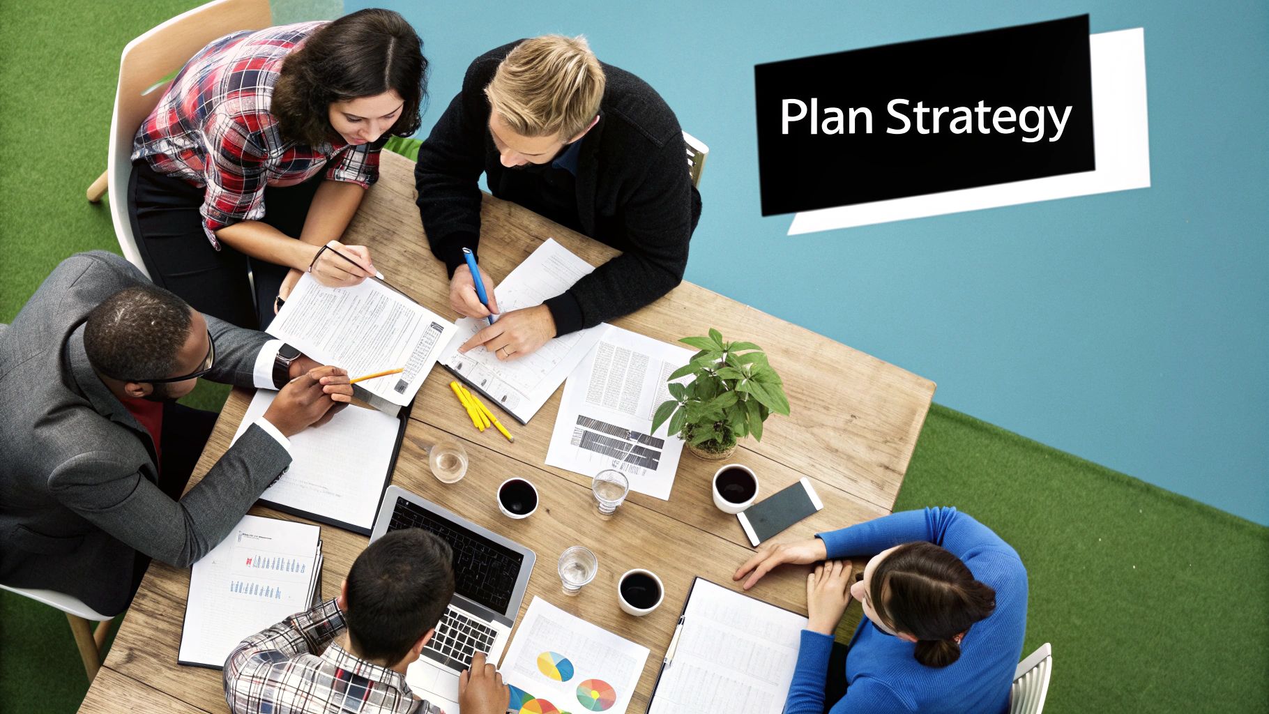 Business team collaborating on strategy around wooden table with documents