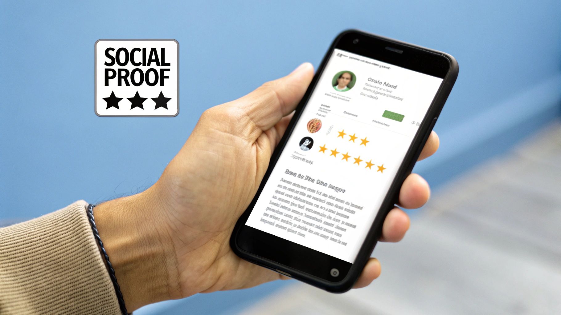 Hand holding smartphone displaying five-star review with social proof badge