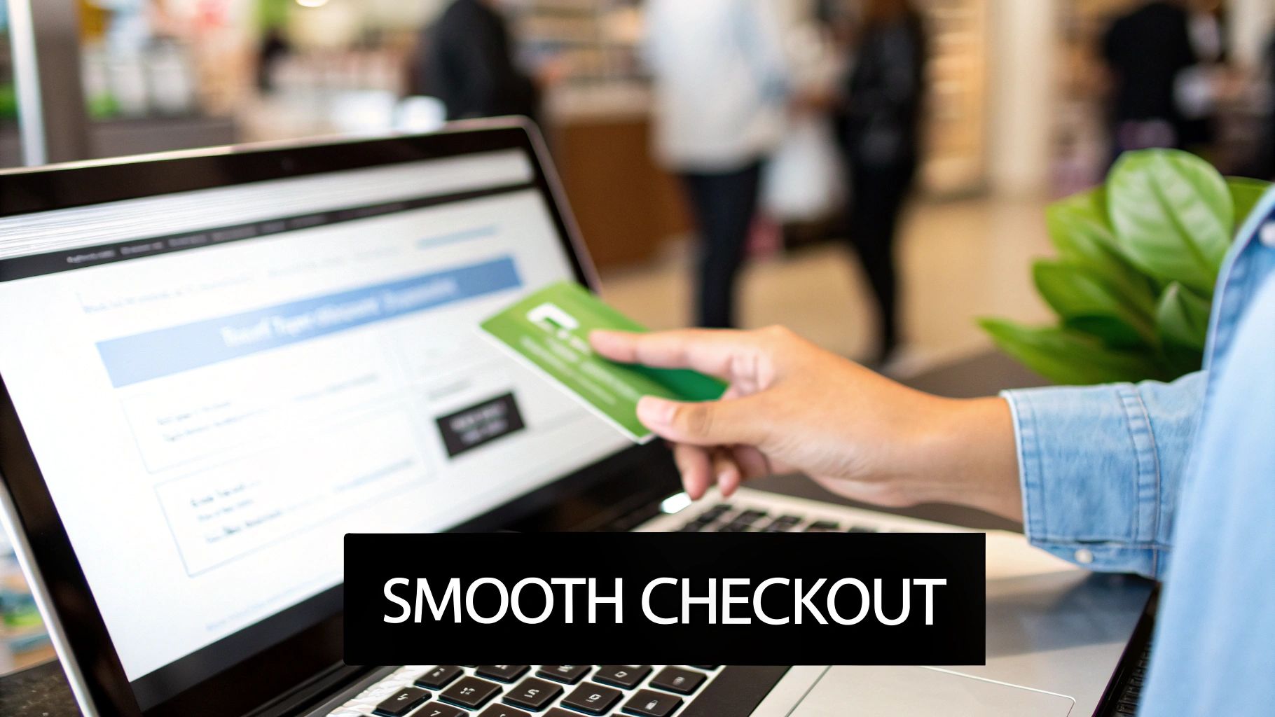 Person using credit card for online purchase on laptop with smooth checkout