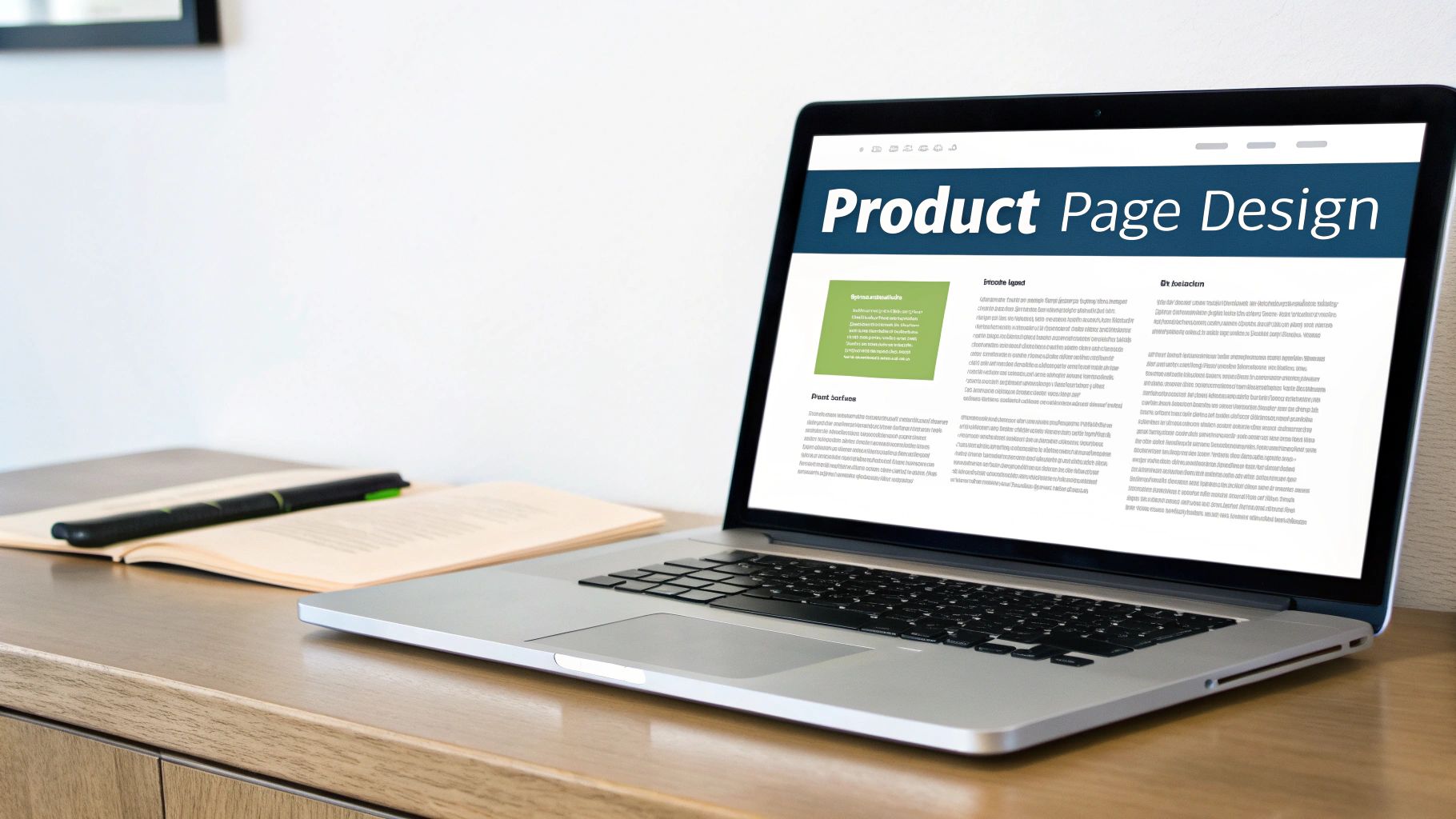 Laptop displaying product page design wireframe on wooden desk