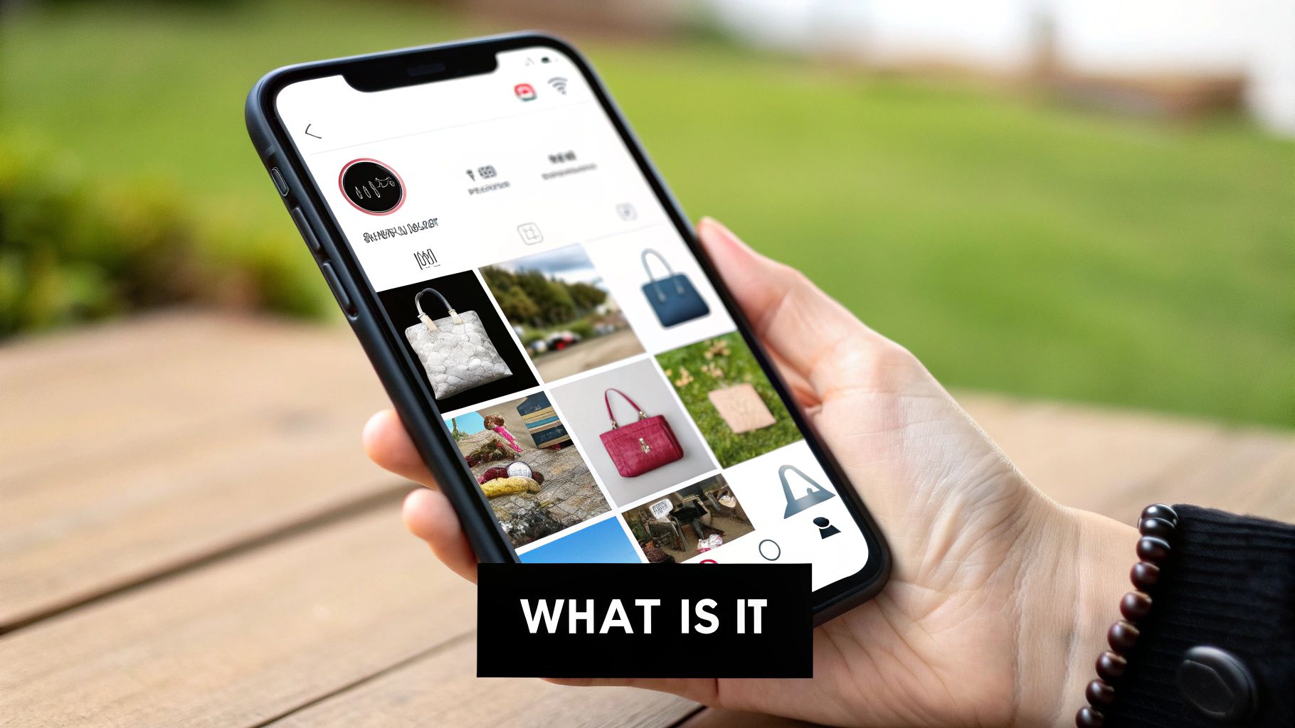 Hand holding smartphone displaying photo gallery of handbags and landscapes