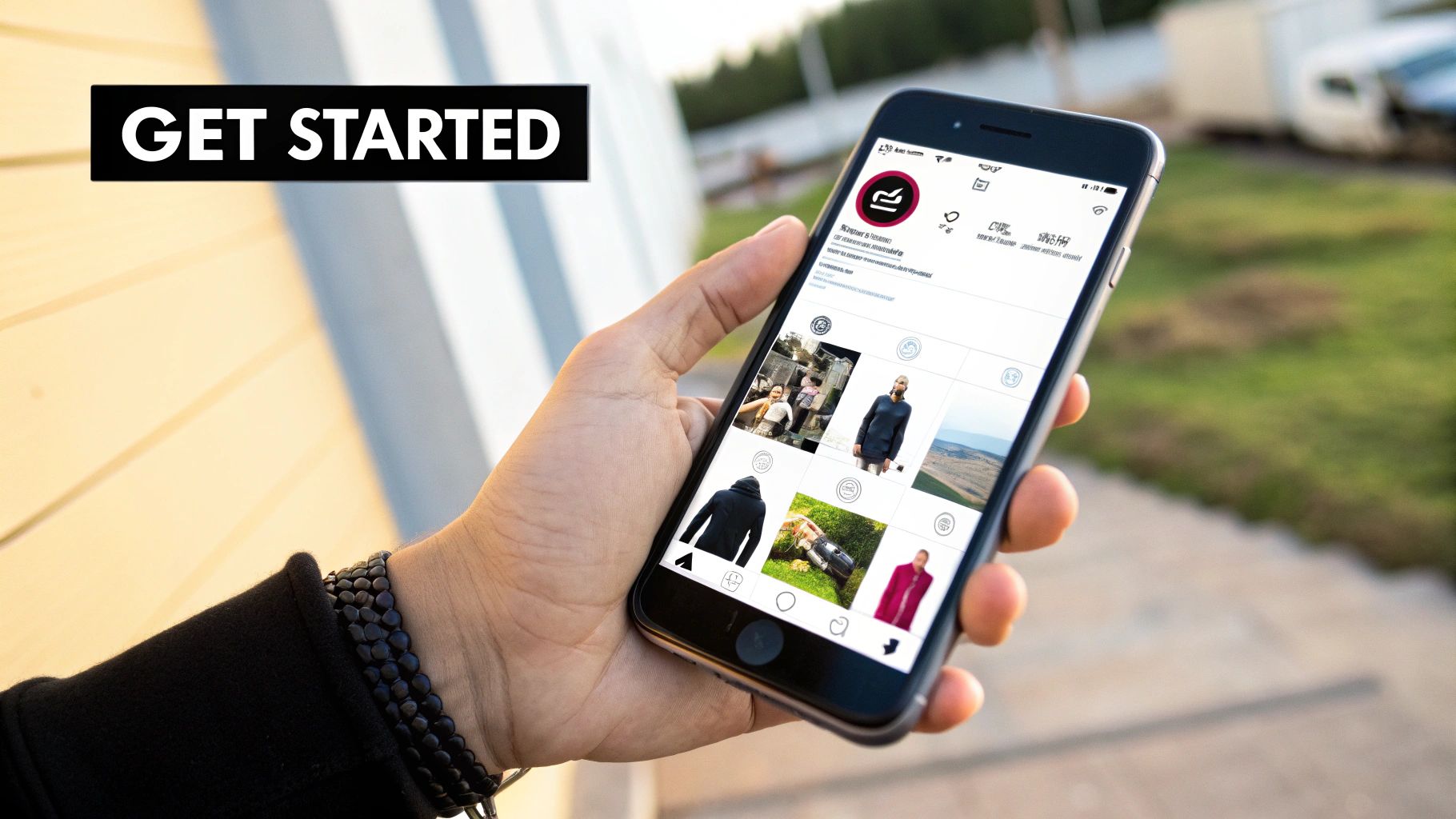 Hand holding smartphone with fashion app, "Get Started" button prominent