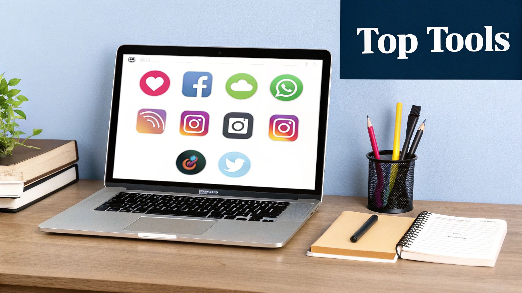 Laptop displaying social media app icons on desk with books and pencils