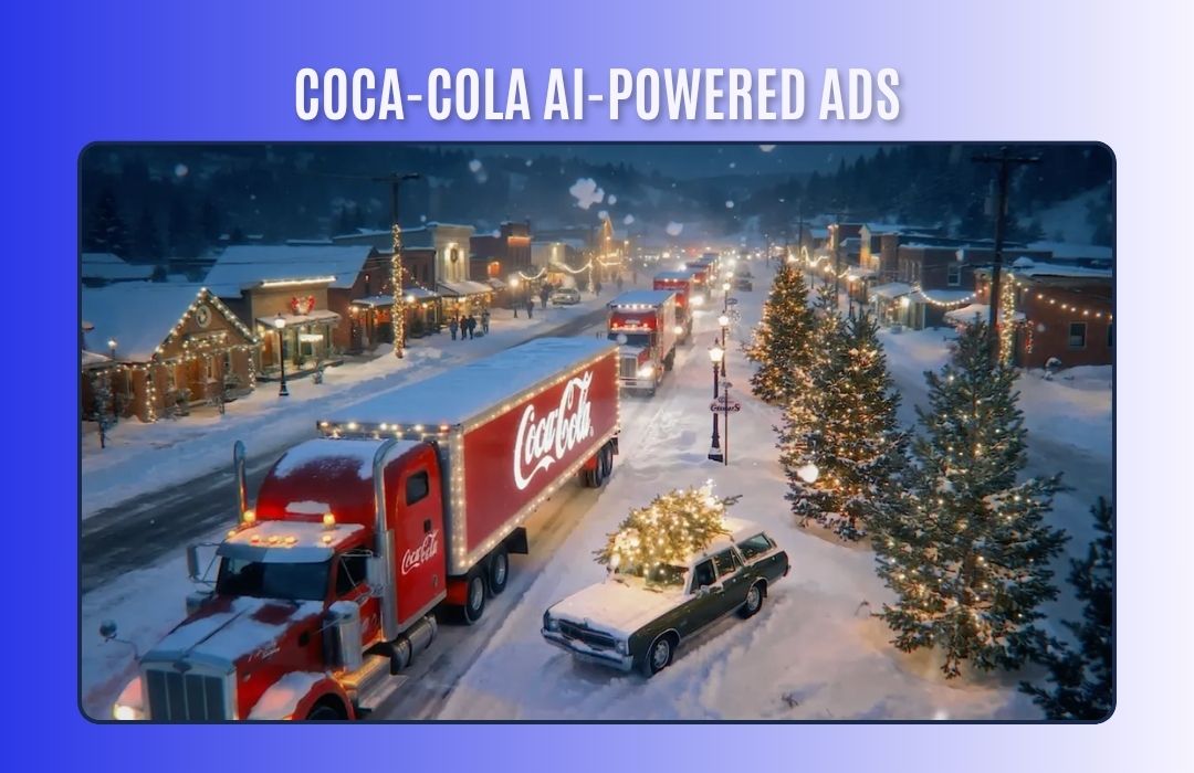 Coca-Cola truck driving through snowy small town with Christmas lights
