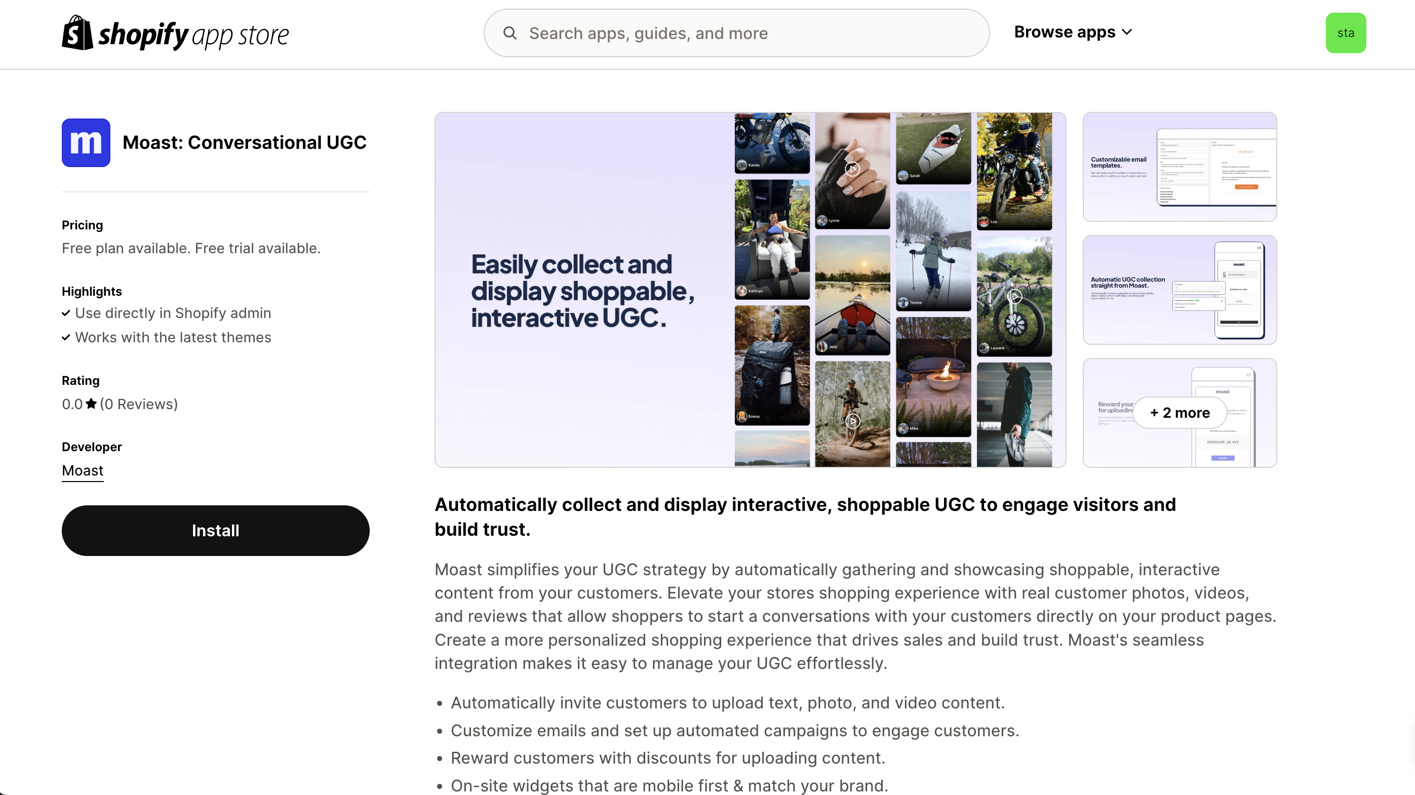 Moast Shopify app page showing user-generated content collection interface