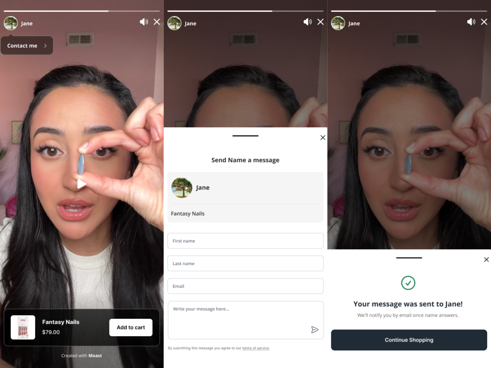 Woman demonstrating nail color by pulling eyelid with blue nail polish