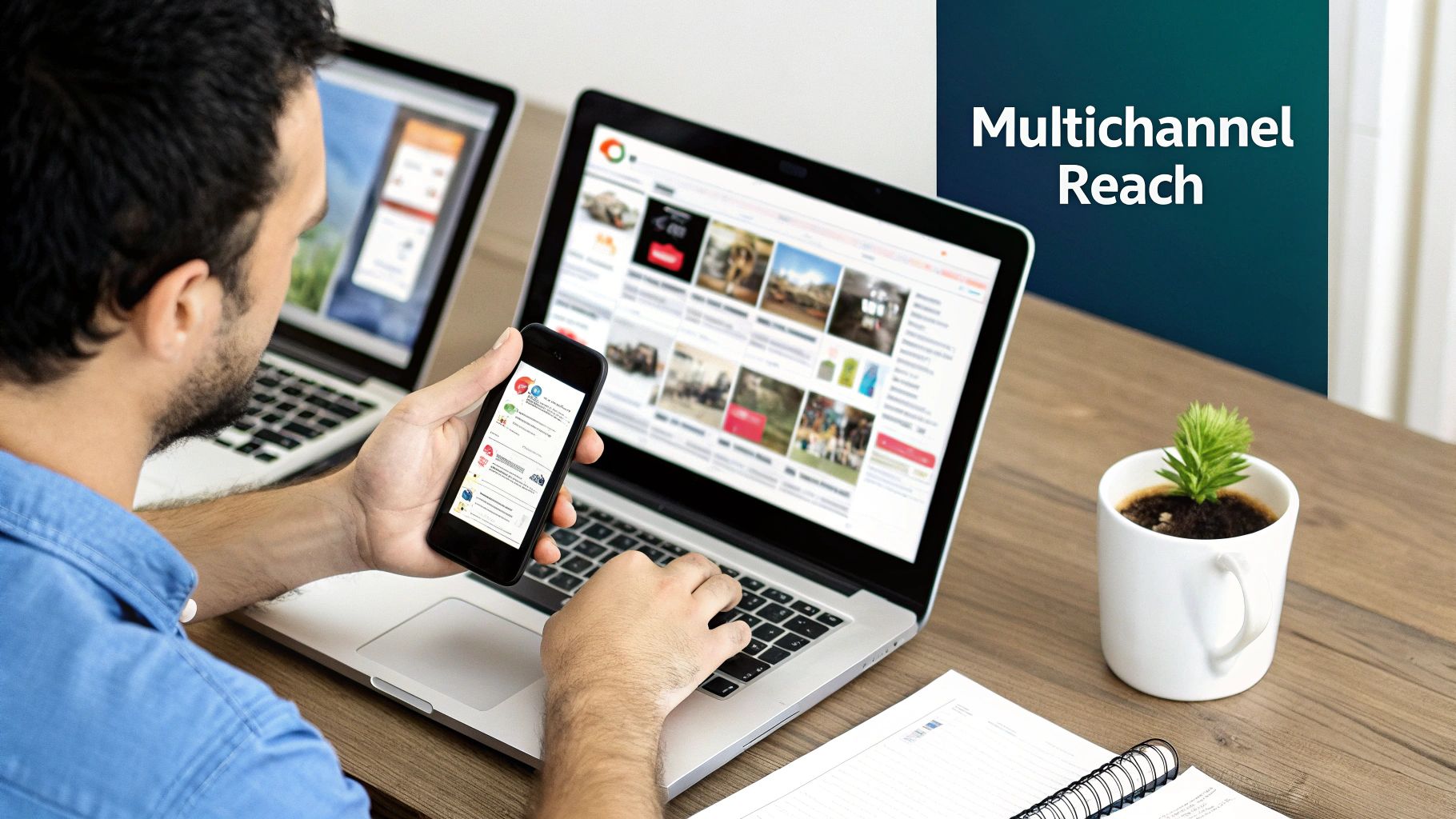 Man using laptop and smartphone for multichannel digital content
