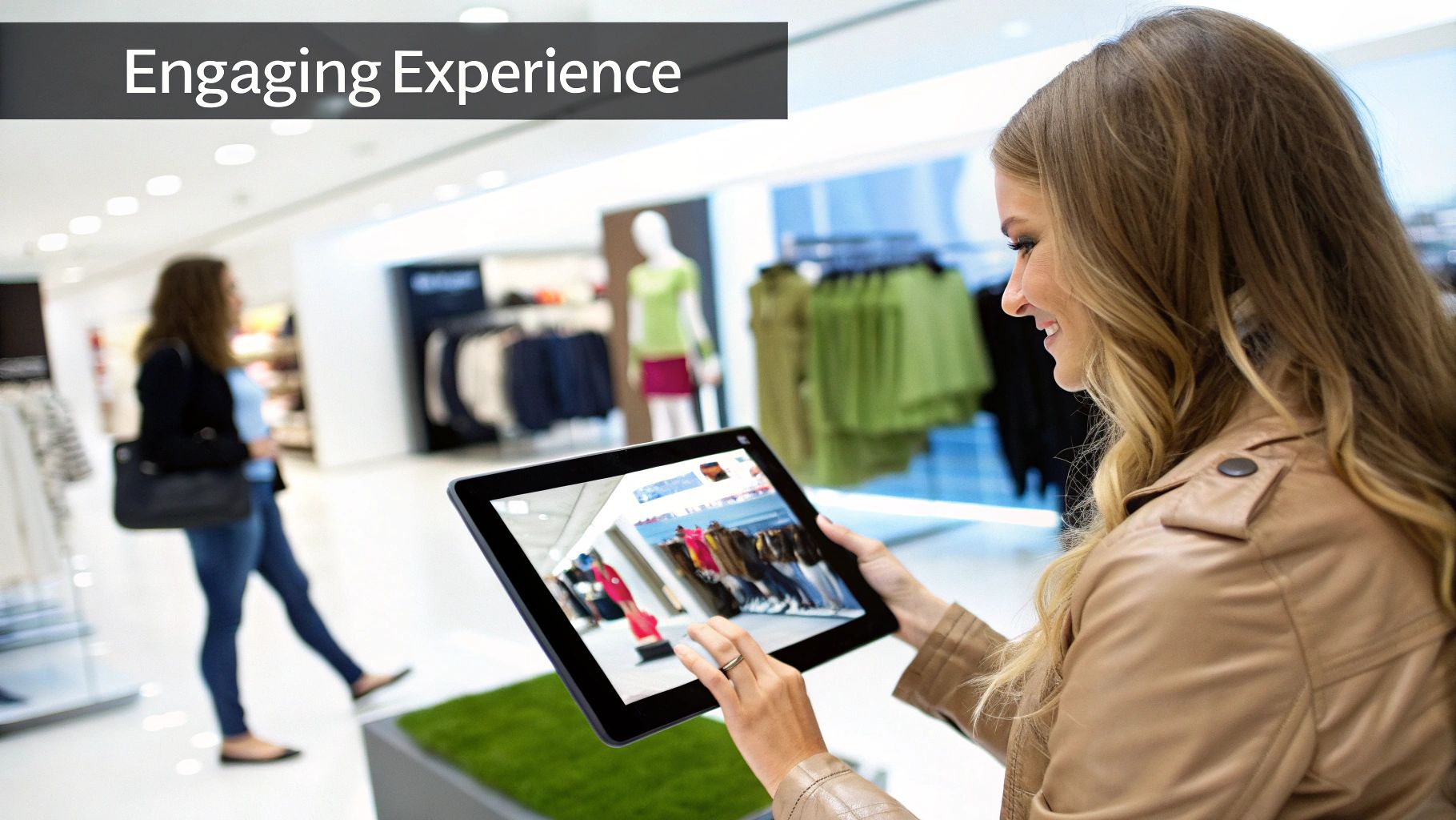 Woman using interactive tablet in modern clothing store with digital display