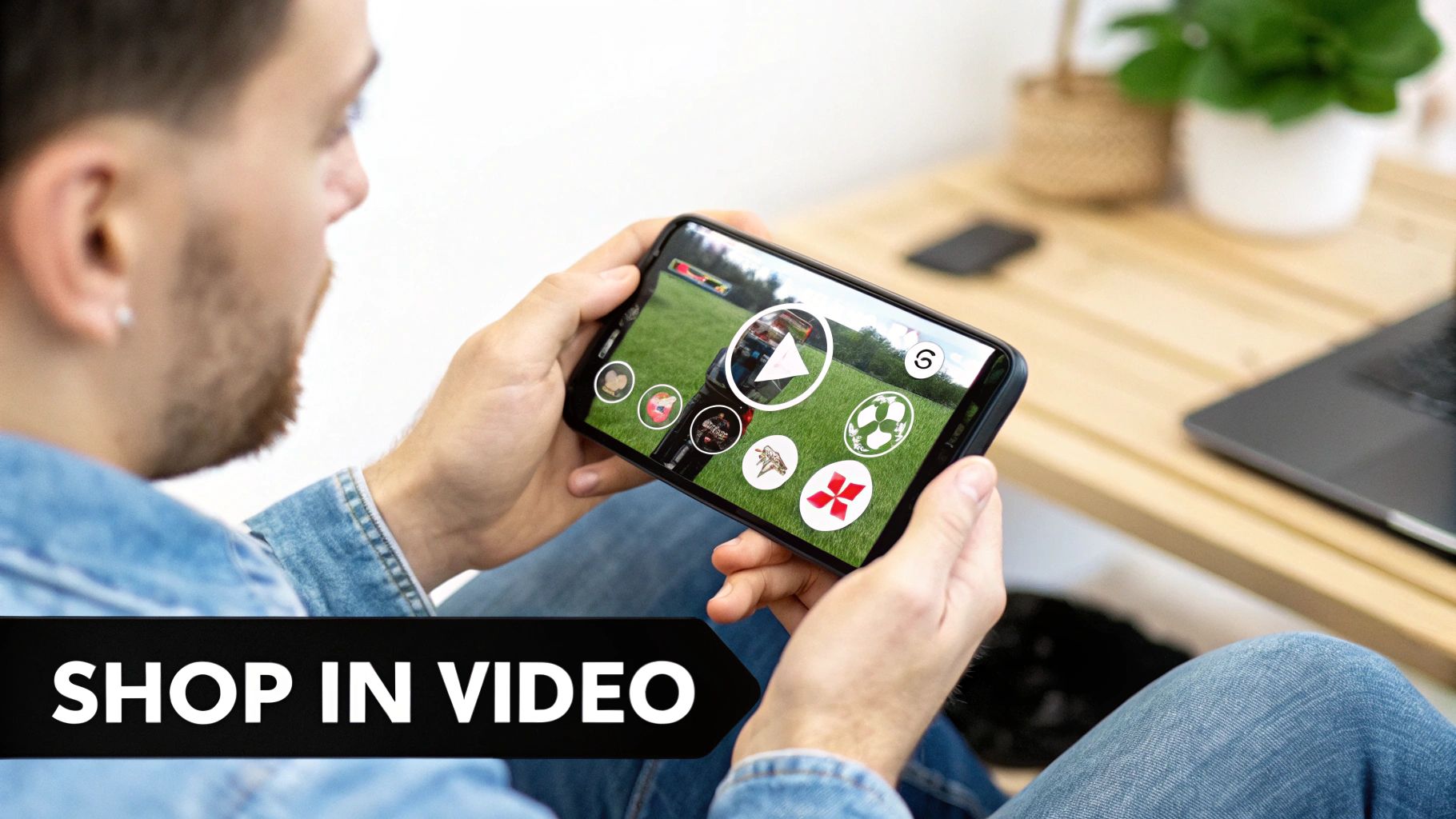 Person watching sports video with interactive shopping icons on smartphone