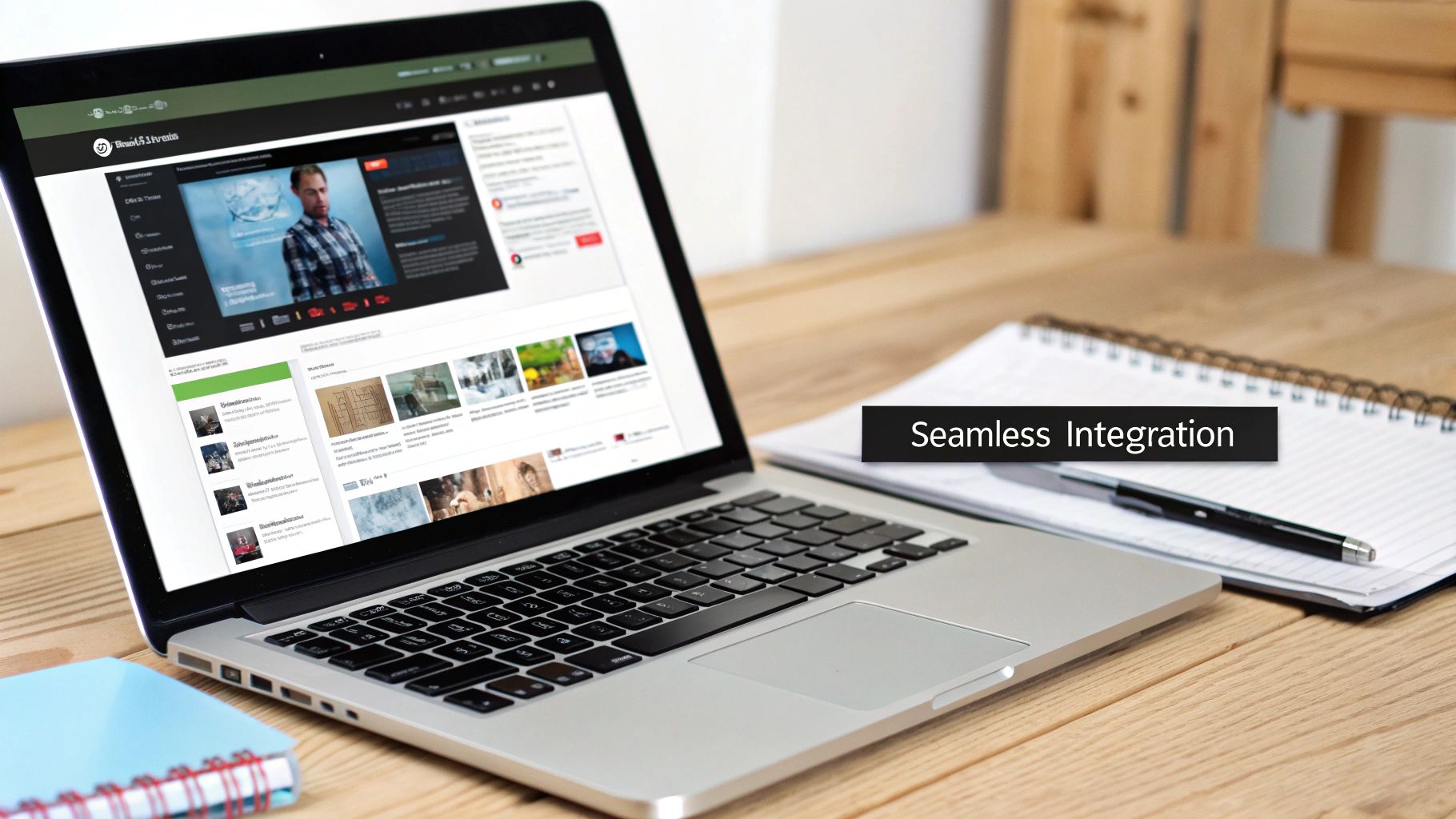 Laptop displaying video platform interface with seamless integration text