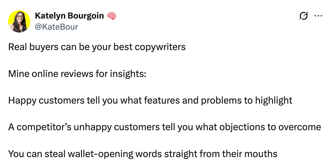 Tweet about using customer reviews for copywriting insights and marketing