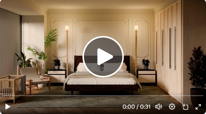 Modern bedroom with plants, wooden bed, and elegant paneled walls