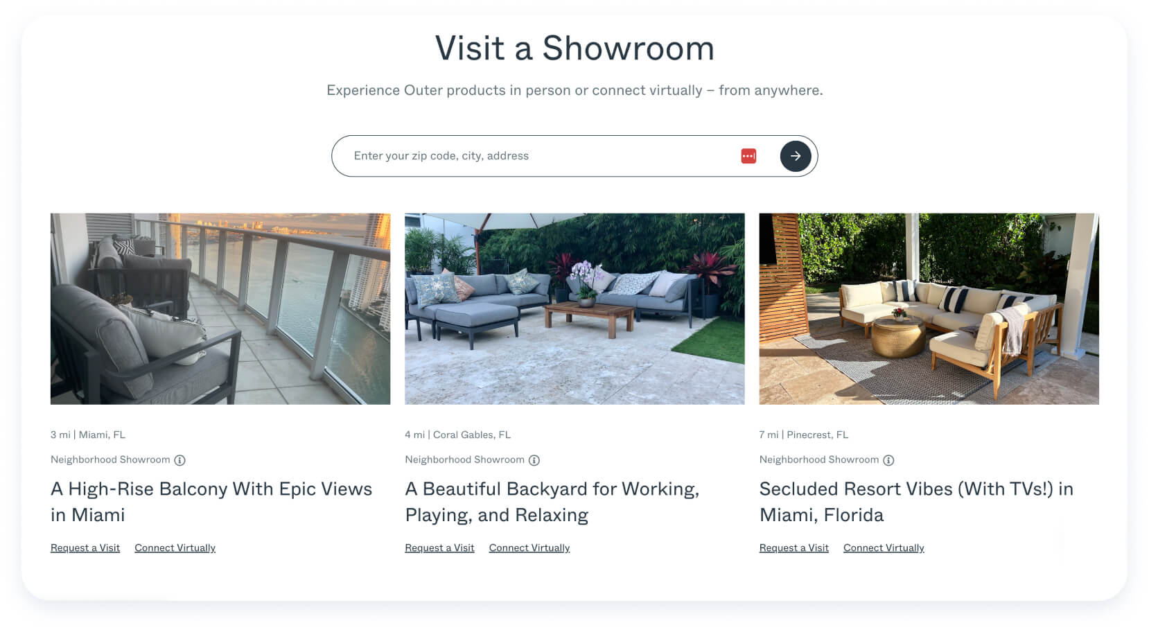 Three outdoor living spaces showcasing Outer furniture in Florida locations