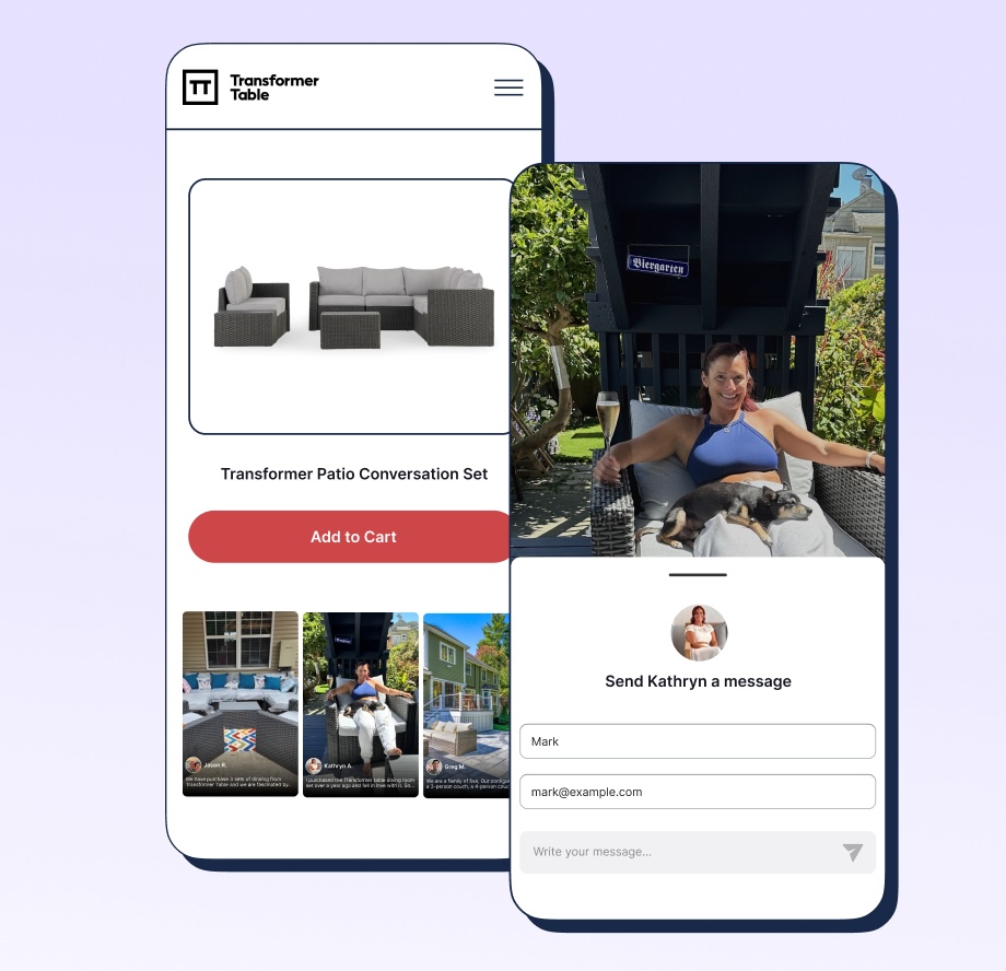 Woman relaxing on outdoor patio furniture with dog in garden setting