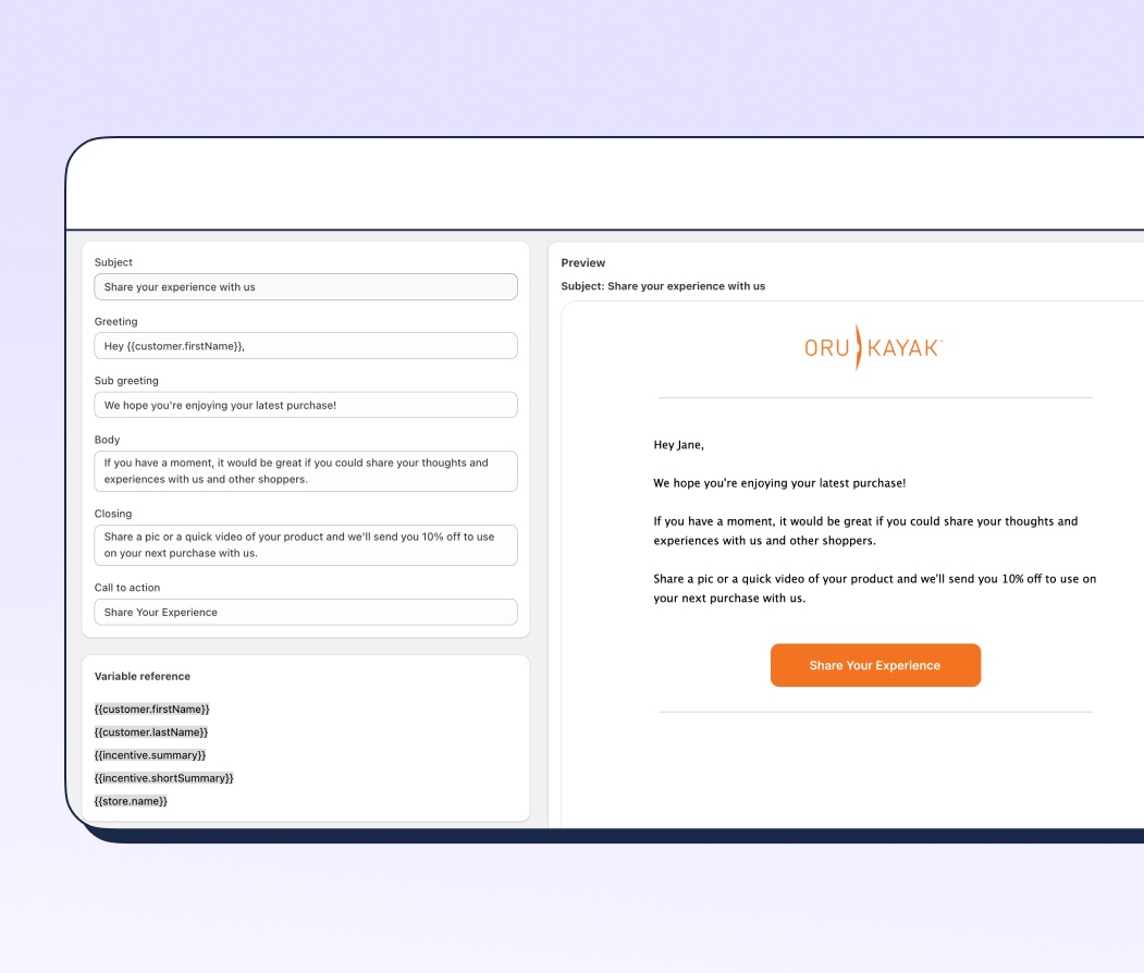 Oru Kayak email template for customer experience sharing with preview
