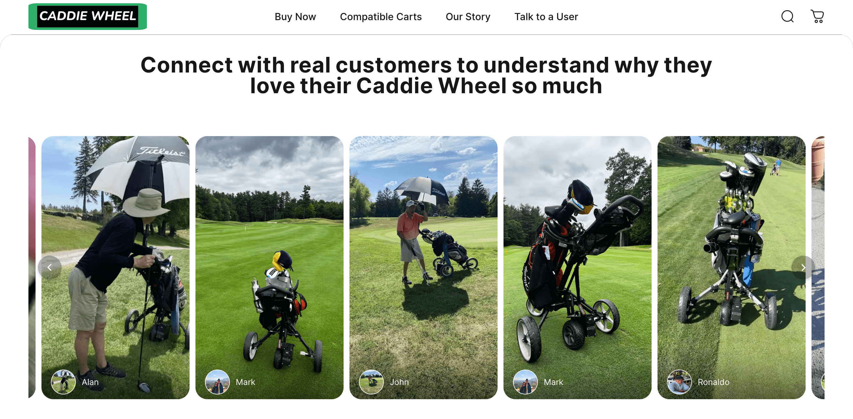 Golfers using Caddie Wheel trolleys on lush green golf courses